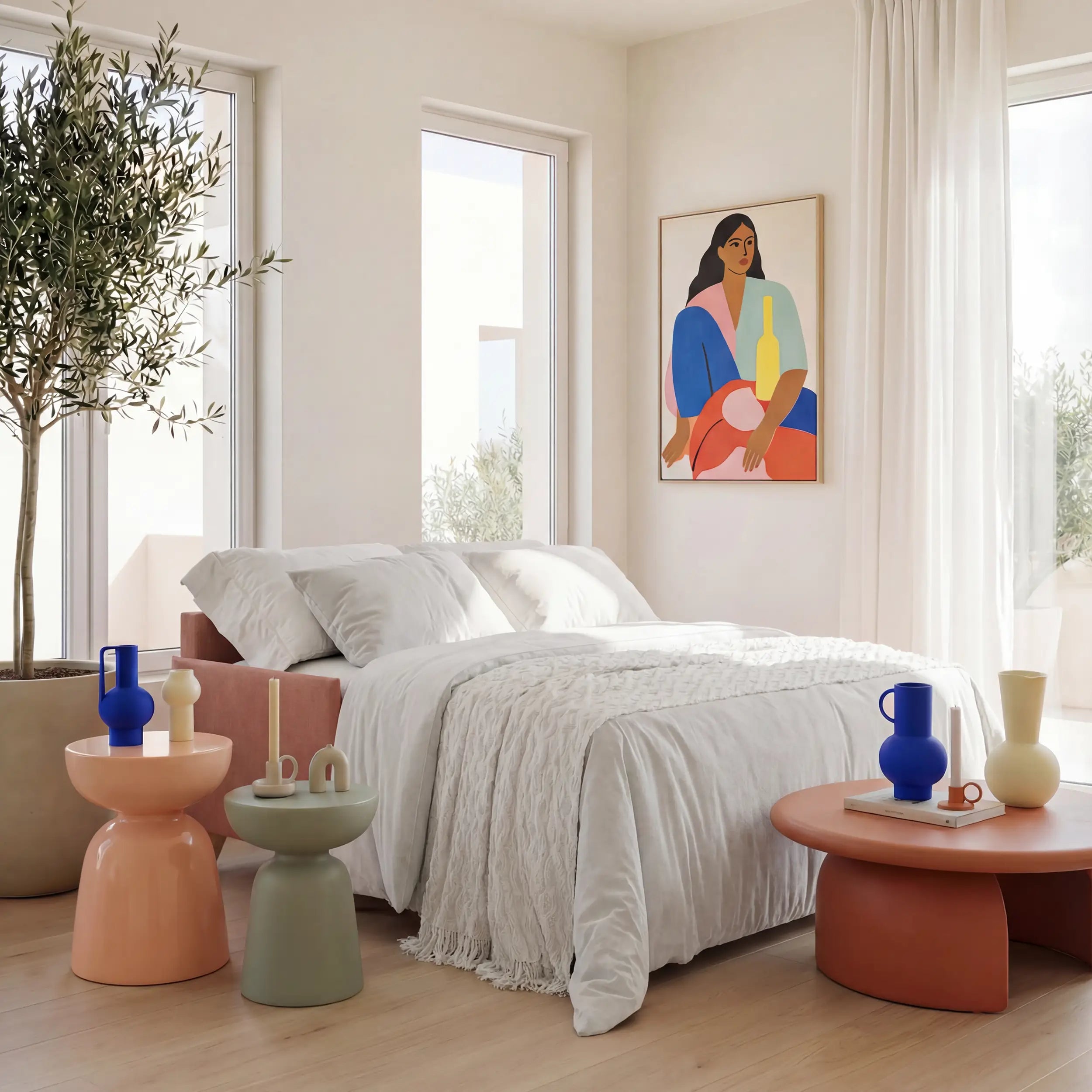 Una camera da letto moderna con un letto rivestito di lenzuola bianche, due tavoli colorati con vasi e candele, un grande albero in vaso, tende trasparenti e un'arte astratta con una donna alla parete.