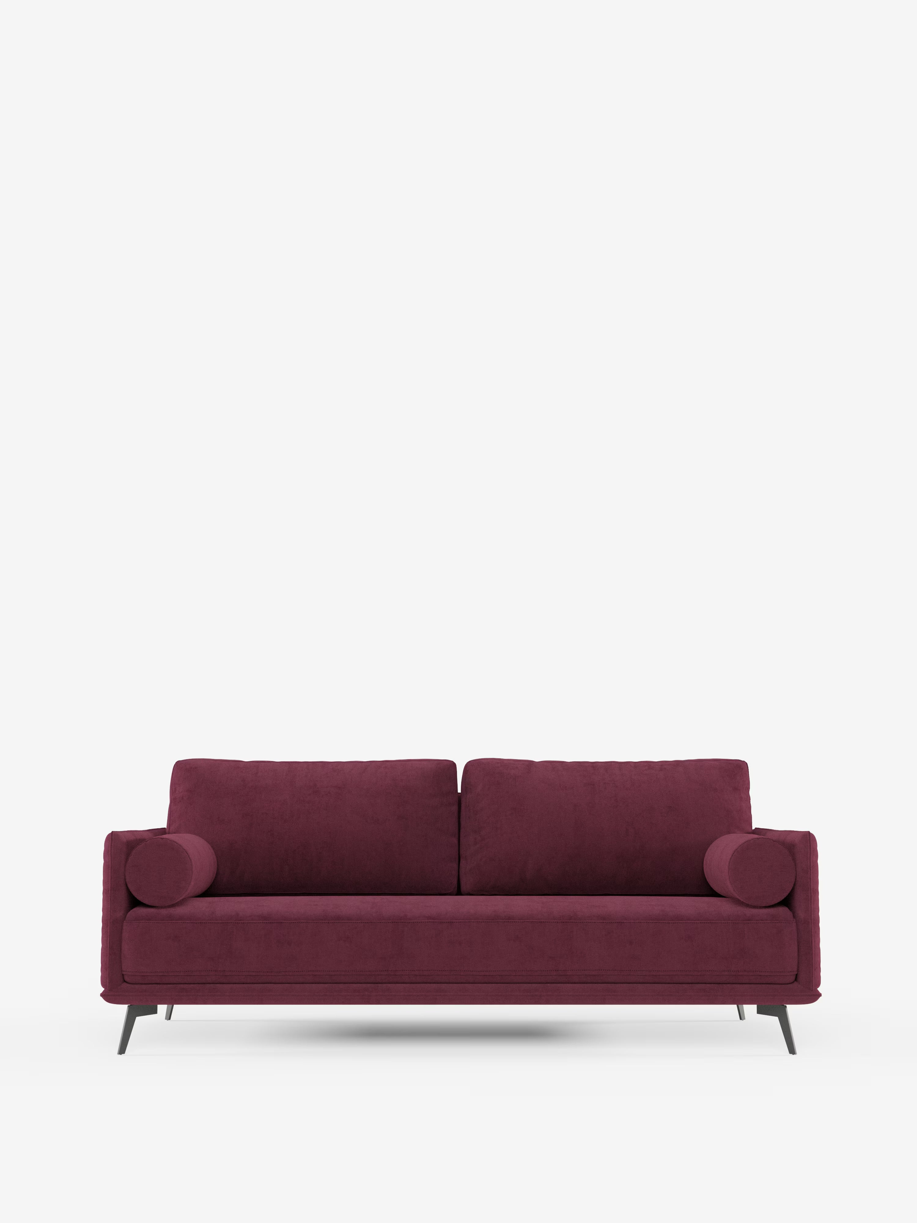 Un divano lineare contemporaneo Basalto a 2 o 3 posti color bordeaux di Divani.Store, caratterizzato da un unico cuscino di seduta, un'elegante base in metallo con sottili gambe nere e realizzato in tessuto smacchiabile T31, spiccata su uno sfondo bianco a tinta unita. Questo divano minimalista coniuga un design moderno con un pratico tessuto antimacchia, garantendo stile intramontabile e resistenza nel tempo.