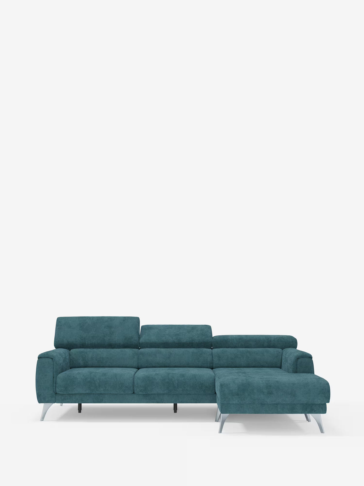 Vi presentiamo il divano angolare Caravaggio con penisola e sedute scorrevoli in tessuto smacchiabile T31 di Divani.Store: un divano componibile contemporaneo color verde acqua con gambe in metallo, schienali bassi e una chaise longue orientata a destra. Questo design elegante è caratterizzato da sedute scorrevoli regolabili per un comfort personalizzato, messe splendidamente in risalto su uno sfondo bianco a tinta unita.