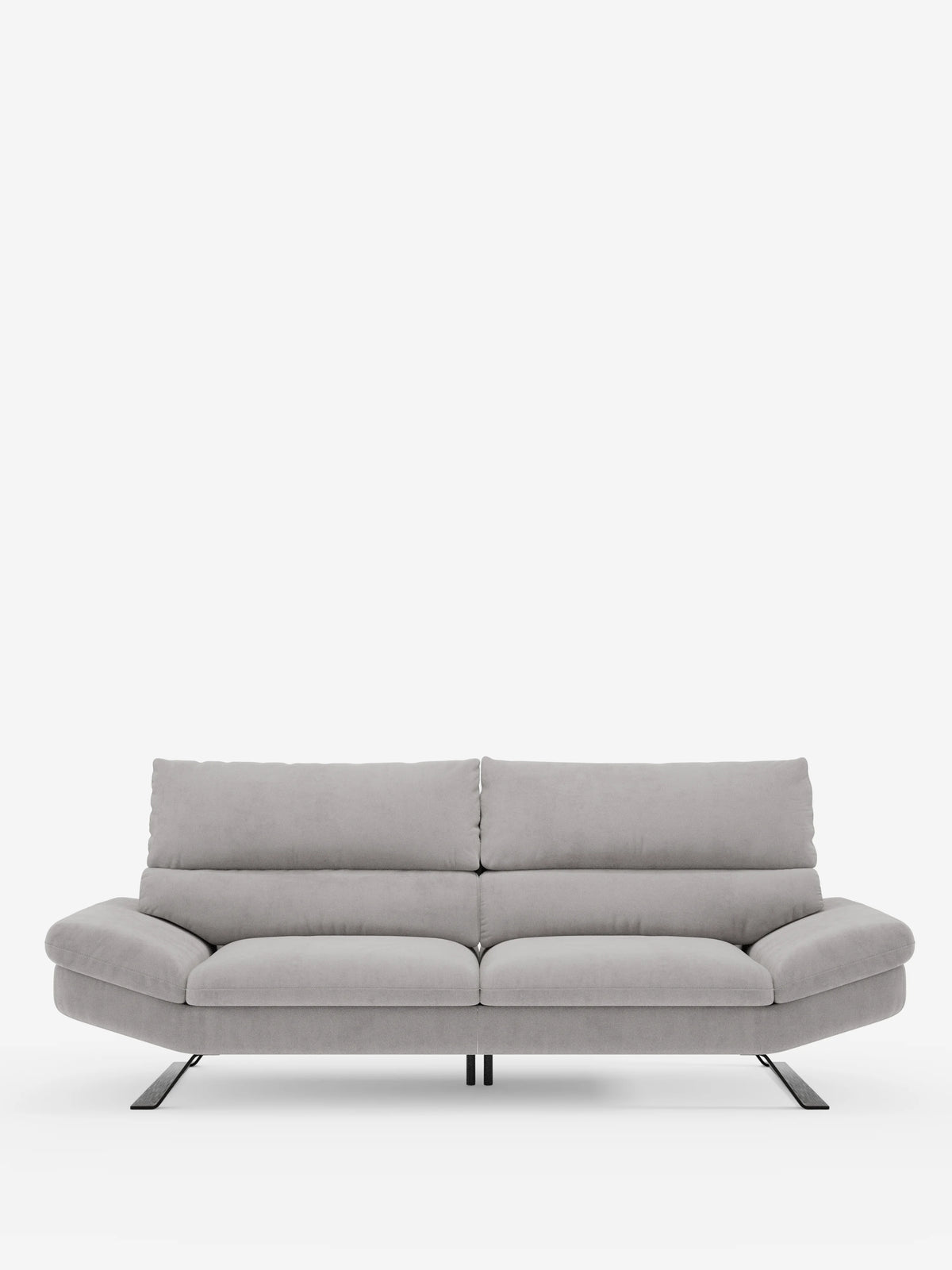 Un divano Eclipse dal design moderno di Divani.Store in grigio chiaro, dotato di due cuscini di seduta, uno schienale imbottito con schienali traslanti per un comfort personalizzato e modulabile, e gambe in metallo nero dall’angolazione accentuata. Il divano è realizzato in elegante microfibra T11 resistente alle macchie e presenta morbidi braccioli arrotondati e una silhouette contemporanea dal profilo basso su uno sfondo bianco a tinta unita. Disponibile nella versione a 2 o 3 posti.