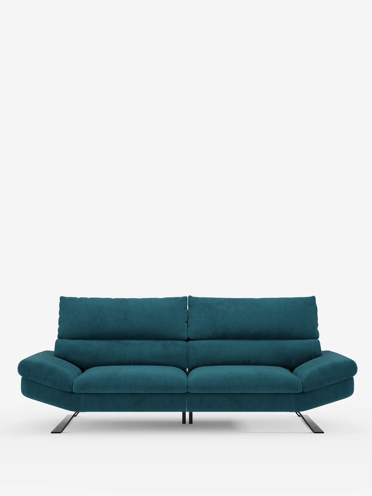 Un divano Eclipse contemporaneo color verde acqua di Divani.Store, disponibile nella versione a 2 o 3 posti, caratterizzato da morbidi cuscini, bordi arrotondati e gambe in metallo dall’inclinazione accentuata. Il suo design moderno include comfort modulabile e schienali traslanti per una seduta personalizzabile. Rivestito in elegante microfibra T11 resistente alle macchie, il divano presenta una silhouette minimalista esaltata dal profilo ribassato e si staglia su uno sfondo bianco a tinta unita.
