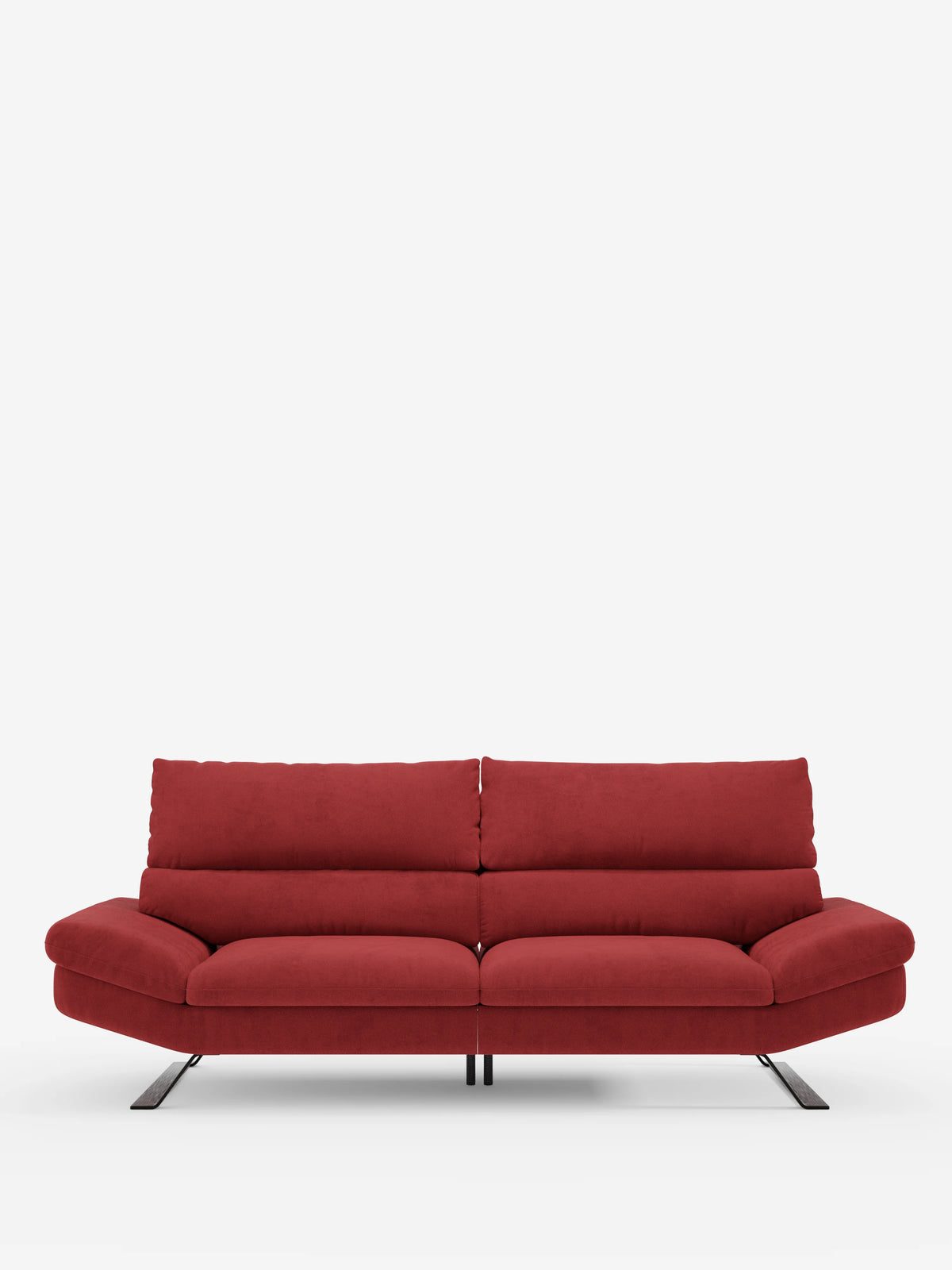 Un divano Eclipse rosso dal design moderno di Divani.Store, disponibile nella versione a 2 o 3 posti, caratterizzato da morbidi cuscini, ampi braccioli e un rivestimento in microfibra T11 liscia e resistente alle macchie. Poggia su sottili gambe alte di colore nero e include schienali traslanti per un maggiore comfort, mettendo in risalto un design minimalista e raffinato su uno sfondo bianco a tinta unita.