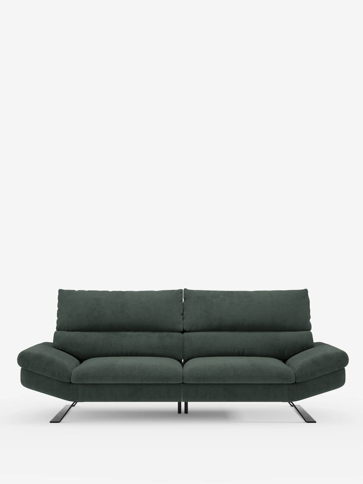 Un elegante divano Eclipse dal design moderno di Divani.Store, rivestito in microfibra T11 resistente alle macchie, spicca al centro su uno sfondo bianco a tinta unita. Questo divano contemporaneo a 2 o 3 posti è caratterizzato da morbidi cuscini, gambe ad angolo pronunciato e schienali traslanti per un sostegno personalizzabile. La sua ampia seduta, lo schienale basso e le linee slanciate e minimaliste offrono il comfort ideale, rendendolo la scelta perfetta per gli interni moderni.