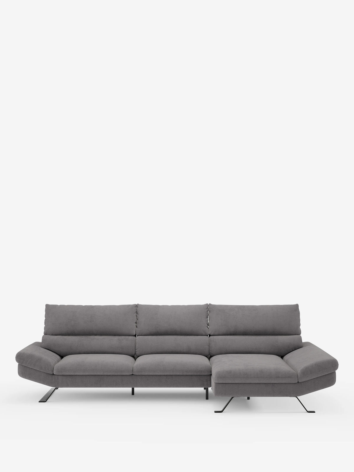 Il divano angolare Eclipse con penisola e schienali traslanti in microfibra tecnica smacchiabile T11 di Divani.Store è un moderno divano componibile grigio con tre cuscini schienali, un elegante design con schienale traslante, una chaise longue integrata sul lato destro e sottili gambe in metallo nero, il tutto su uno sfondo bianco a tinta unita.