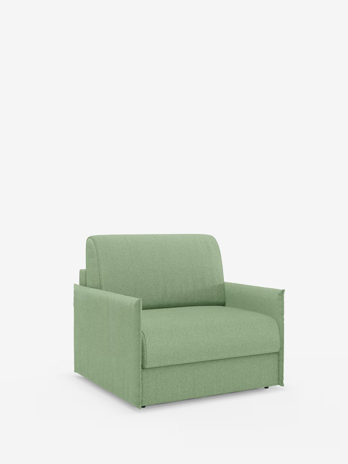 Vi presentiamo la poltrona letto compatta Evans con materasso di Divani.Store: una moderna poltrona letto salvaspazio in verde chiaro. Rivestita in tessuto T23 sfoderabile e antimacchia, questa poltrona presenta ampi cuscini e braccioli, una silhouette squadrata dalle linee pulite e poggia su piccoli piedini neri su uno sfondo bianco a tinta unita.