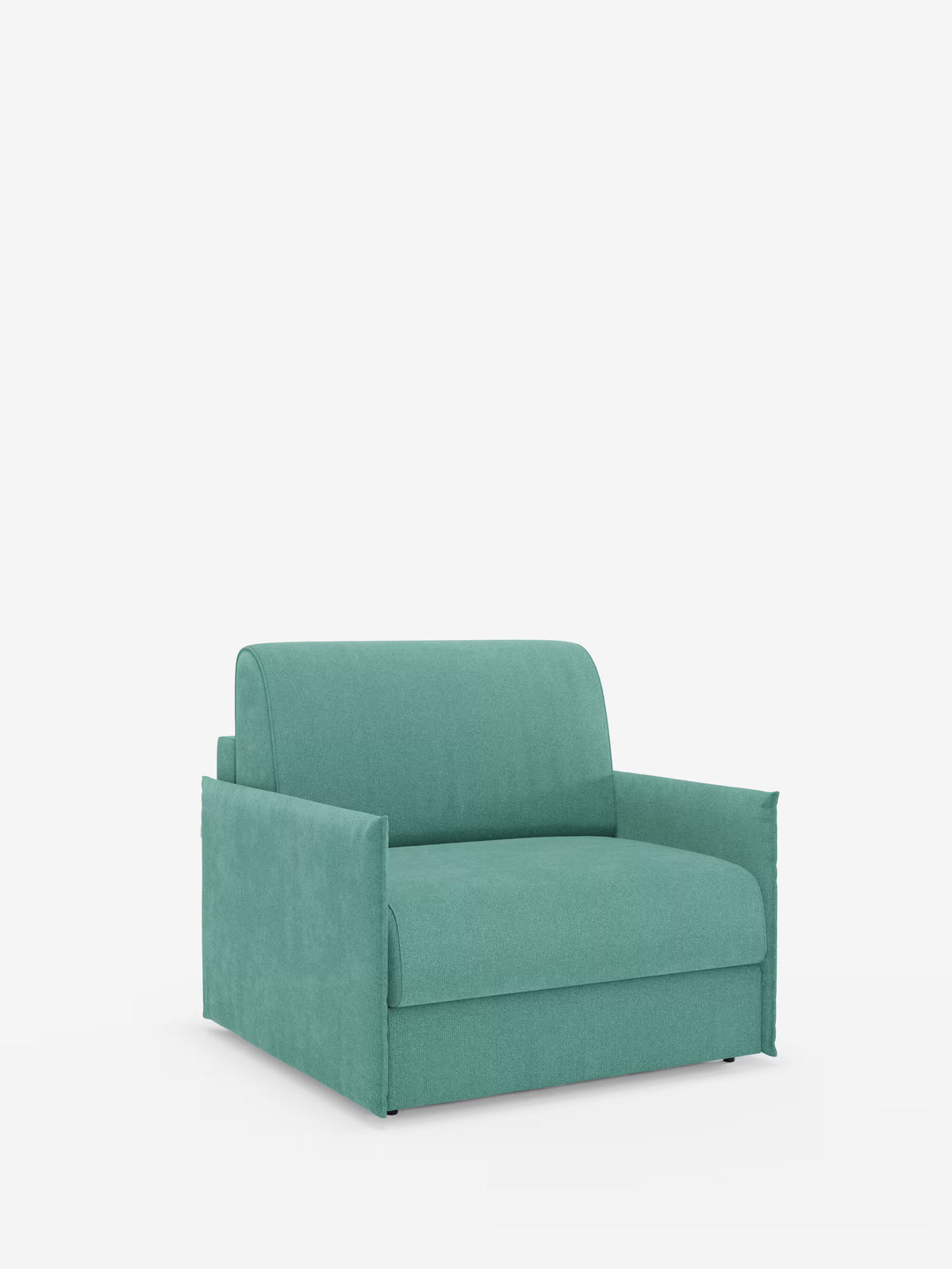 La poltrona letto compatta Evans con materasso di Divani.Store è una poltrona imbottita color verde acqua con braccioli ampi e piatti e un design semplice e squadrato. Caratterizzata da morbidi cuscini di seduta e schienale, questa poltrona salvaspazio poggia su gambe corte e quasi invisibili. Il suo rivestimento sfoderabile è realizzato in tessuto T23 facile da pulire, garantendo comfort e praticità come soluzione versatile per gli interni moderni. Lo sfondo bianco a tinta unita fa sì che la poltrona