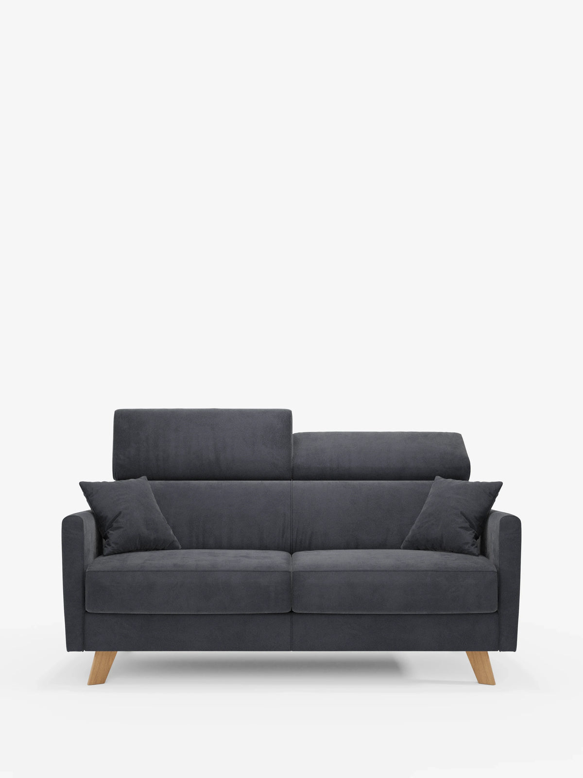 Il divano letto Francy con poggiatesta regolabili di Divani.Store, rivestito in elegante tessuto T30 antimacchia con fodere completamente sfoderabili, è qui presentato in una moderna finitura grigio scuro. Dotato di due cuscini di seduta, due cuscini dello schienale abbinati, due cuscini piccoli e gambe angolate in legno chiaro, questo divano a tre posti minimalista e simmetrico è raffigurato su uno sfondo bianco.