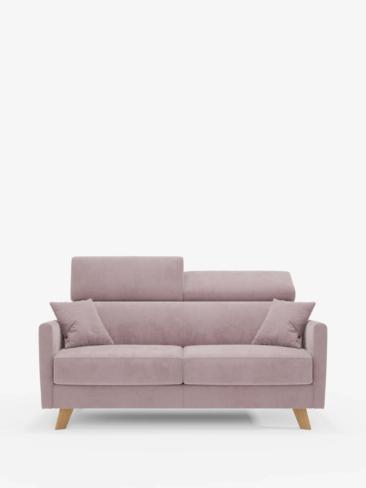 Un divano letto Francy a 2 posti di colore viola chiaro in stile contemporaneo di Divani.Store, caratterizzato da gambe in legno, poggiatesta regolabili, due cuscini di seduta e due cuscini decorativi abbinati, realizzati in elegante tessuto T30 sfoderabile e resistente alle macchie, è ripreso su uno sfondo bianco a tinta unita.