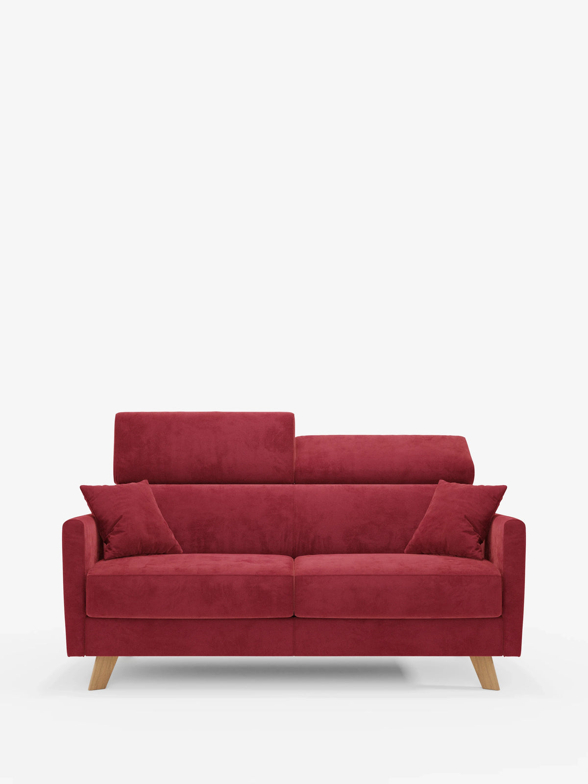 Un divano letto a due posti Francy rosso in stile contemporaneo di Divani.Store, dotato di due cuscini coordinati, braccioli dritti e poggiatesta regolabili per ogni seduta. Rivestito con l’elegante tessuto T30, resistente alle macchie e completamente sfoderabile, il divano poggia su gambe in legno chiaro e si stacca su uno sfondo bianco a tinta unita. Il design complessivo è semplice e moderno.