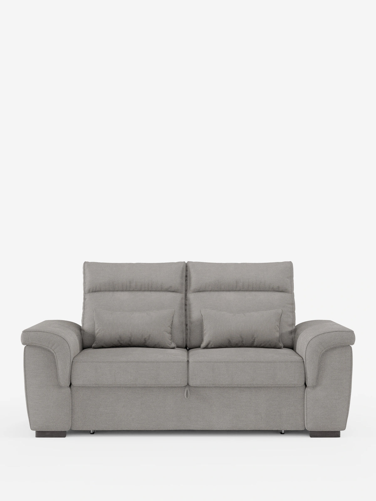 Un divano Ischia moderno, di colore grigio chiaro, a 3 posti con pouf estraibile e schienali scorrevoli, rivestito in tessuto misto lino lavabile, con braccioli arrotondati, è posizionato su uno sfondo bianco; presenta due cuscini dello schienale, due cuscini decorativi e una cucitura alla base.