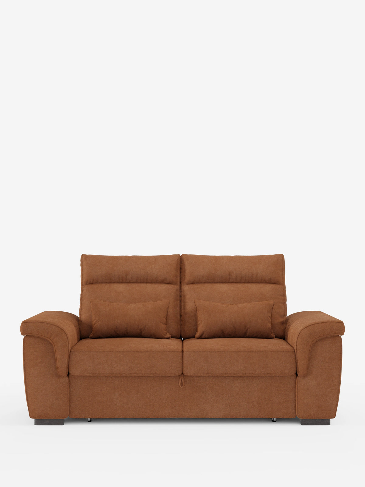 Il divano a tre posti Ischia, con pouf estraibile e schienali regolabili in tessuto misto lino antimacchia, è realizzato in tessuto con effetto terracotta e presenta due schienali regolabili, due cuscini rettangolari e braccioli curvi di colore bianco.