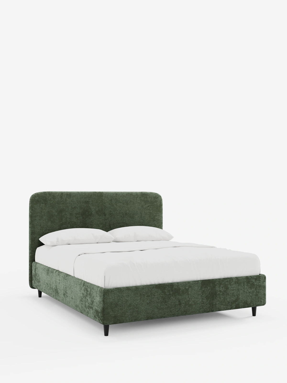 KAELOS, letto imbottito in stile minimalista - contenitore, gambe alte e testiera arrotondata in tessuto ciniglia: un letto moderno con testiera arrotondata color verde salvia, biancheria da letto bianca e sottili gambe nere su sfondo bianco.