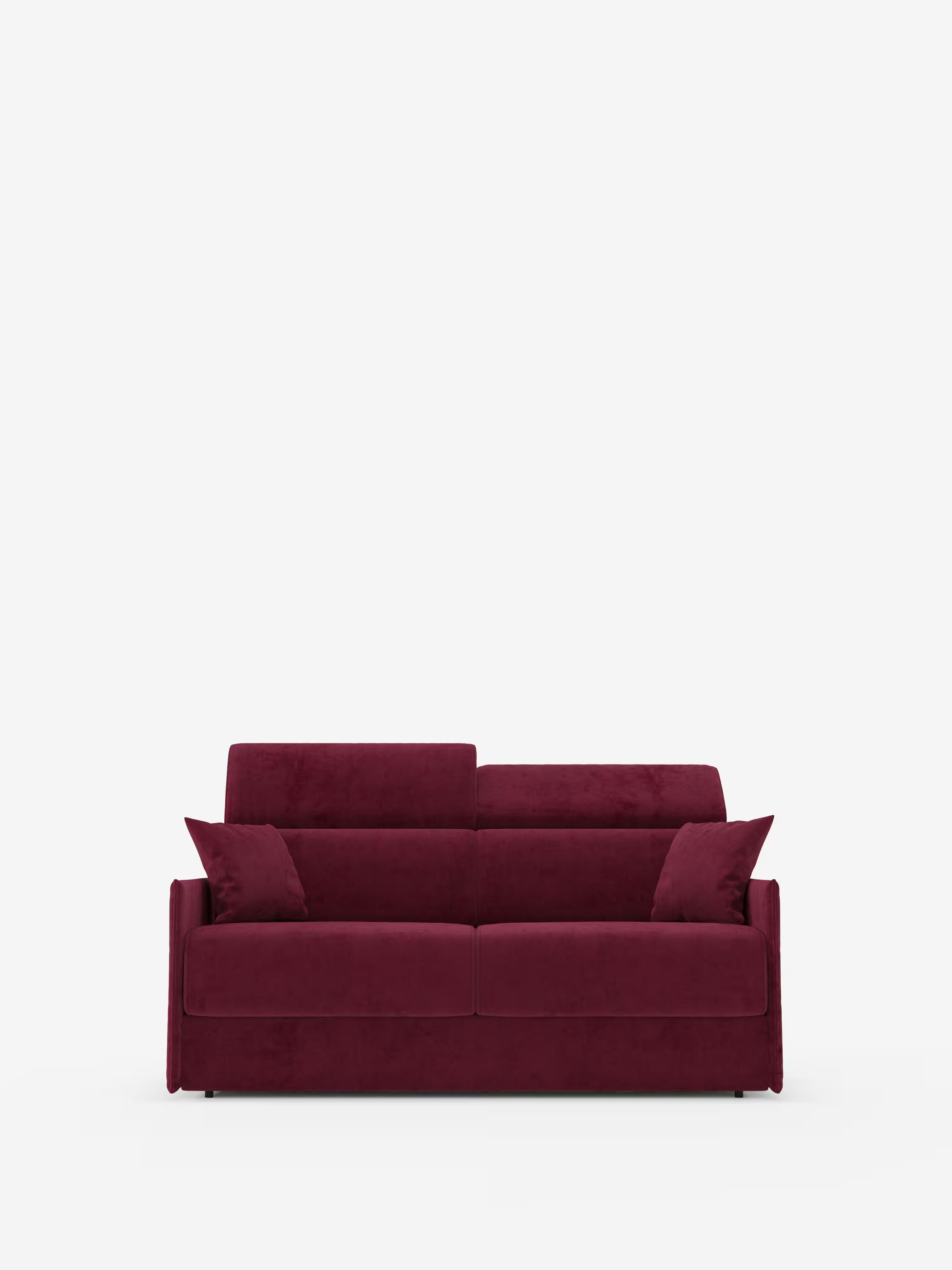 Il divano letto Miryam con poggiatesta reclinabili e comfort maxi di Divani.Il modello Store, dal design compatto e moderno in morbido tessuto smacchiabile T31 color bordeaux intenso, si distingue per le linee essenziali, i due cuscini di seduta, lo schienale alto e i due cuscini quadrati coordinati. È posizionato su uno sfondo bianco, esprimendo uno stile minimal contemporaneo.