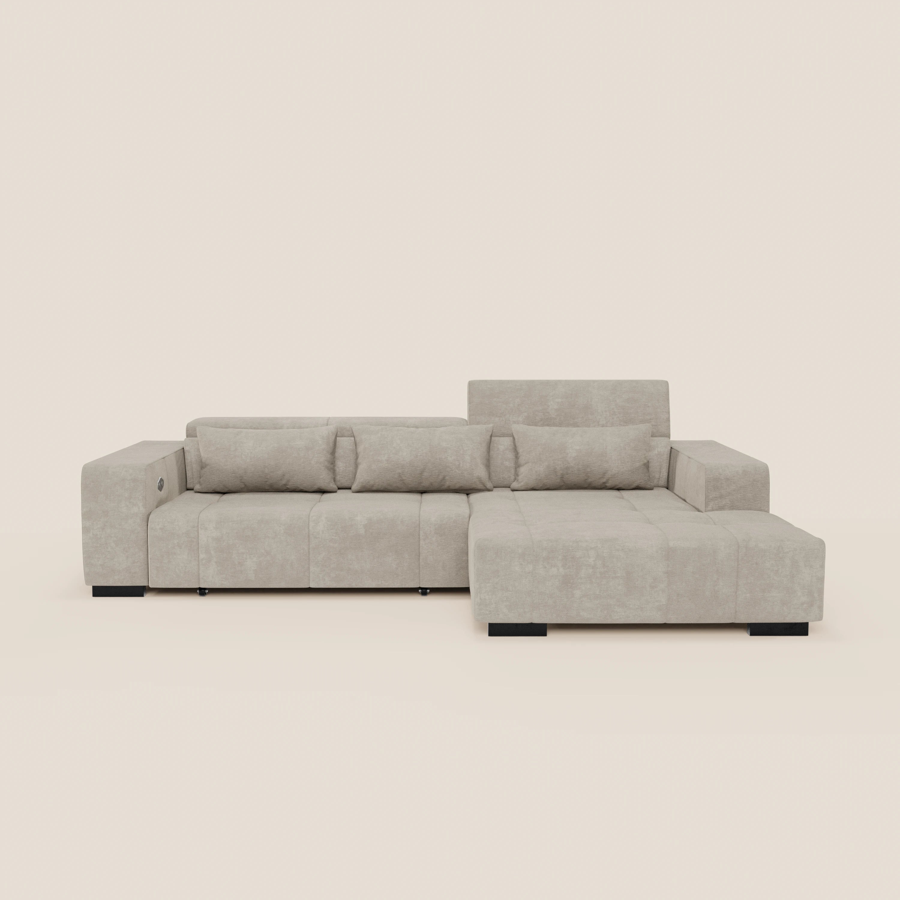 Monarch Divano angolare con penisola e Relax Elettrico per allungamento sedute - Poggiatesta Reclinabili in tessuto morbido smacchiabile T31 - divani.store