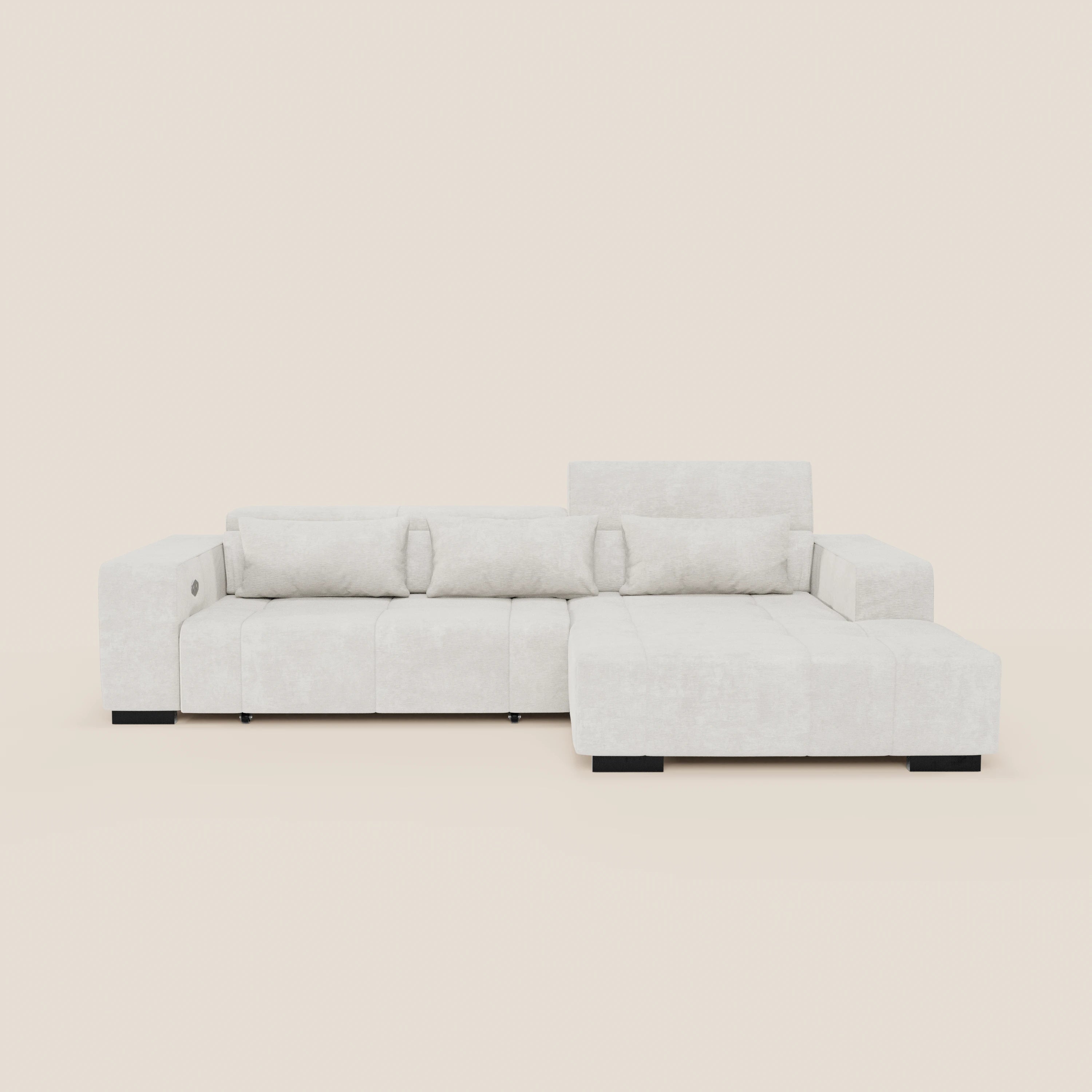 Monarch Divano angolare con penisola e Relax Elettrico per allungamento sedute - Poggiatesta Reclinabili in tessuto morbido smacchiabile T31 - divani.store