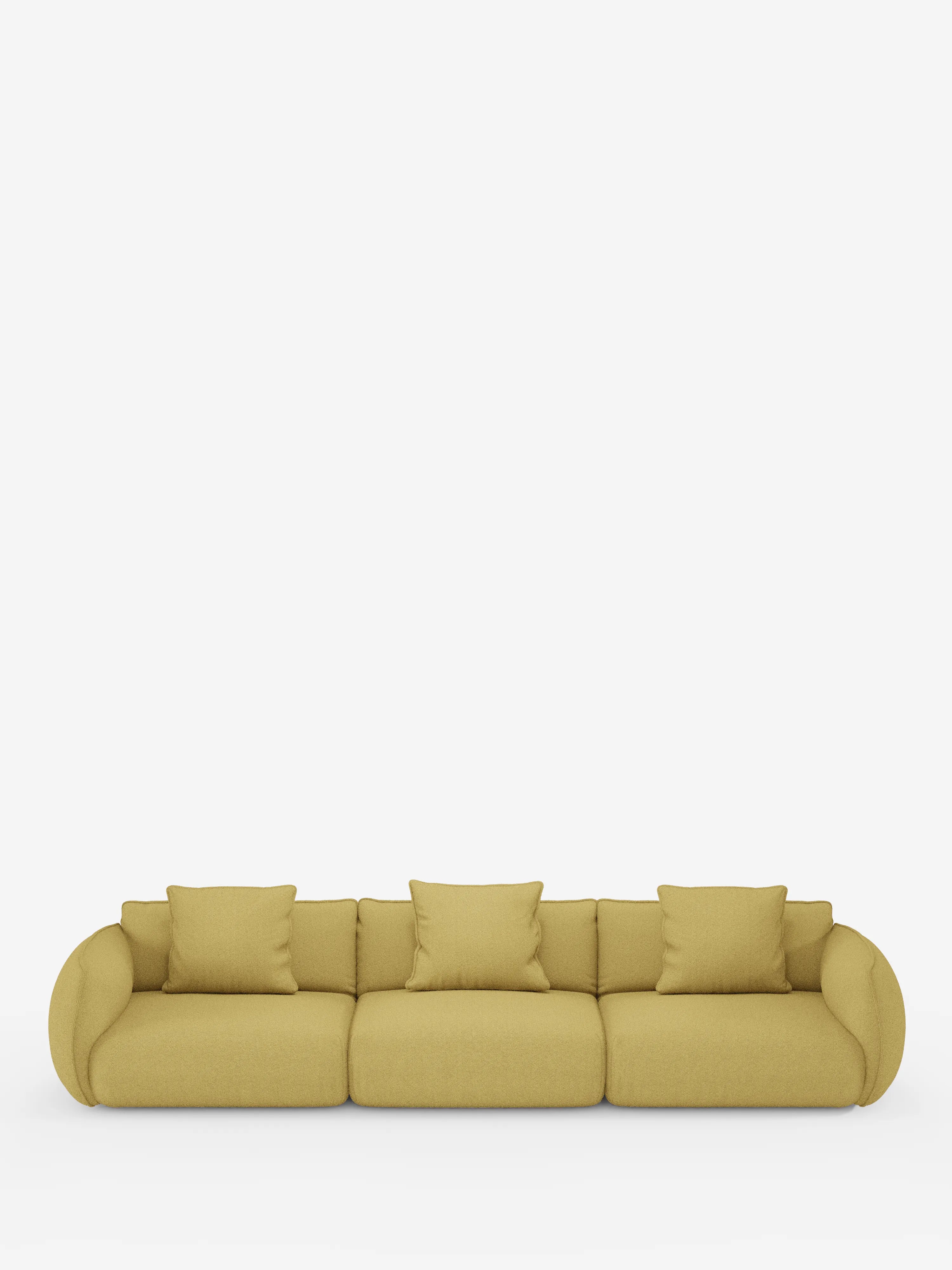 Un divano modulare contemporaneo Nimbus a 3 posti di Divani.Store, rivestito in morbido tessuto effetto cotone T33, resistente alle macchie, di colore giallo. Il divano presenta tre ampie sedute, quattro cuscini quadrati coordinati, braccioli arrotondati e uno schienale basso, il tutto su uno sfondo bianco a tinta unita.
