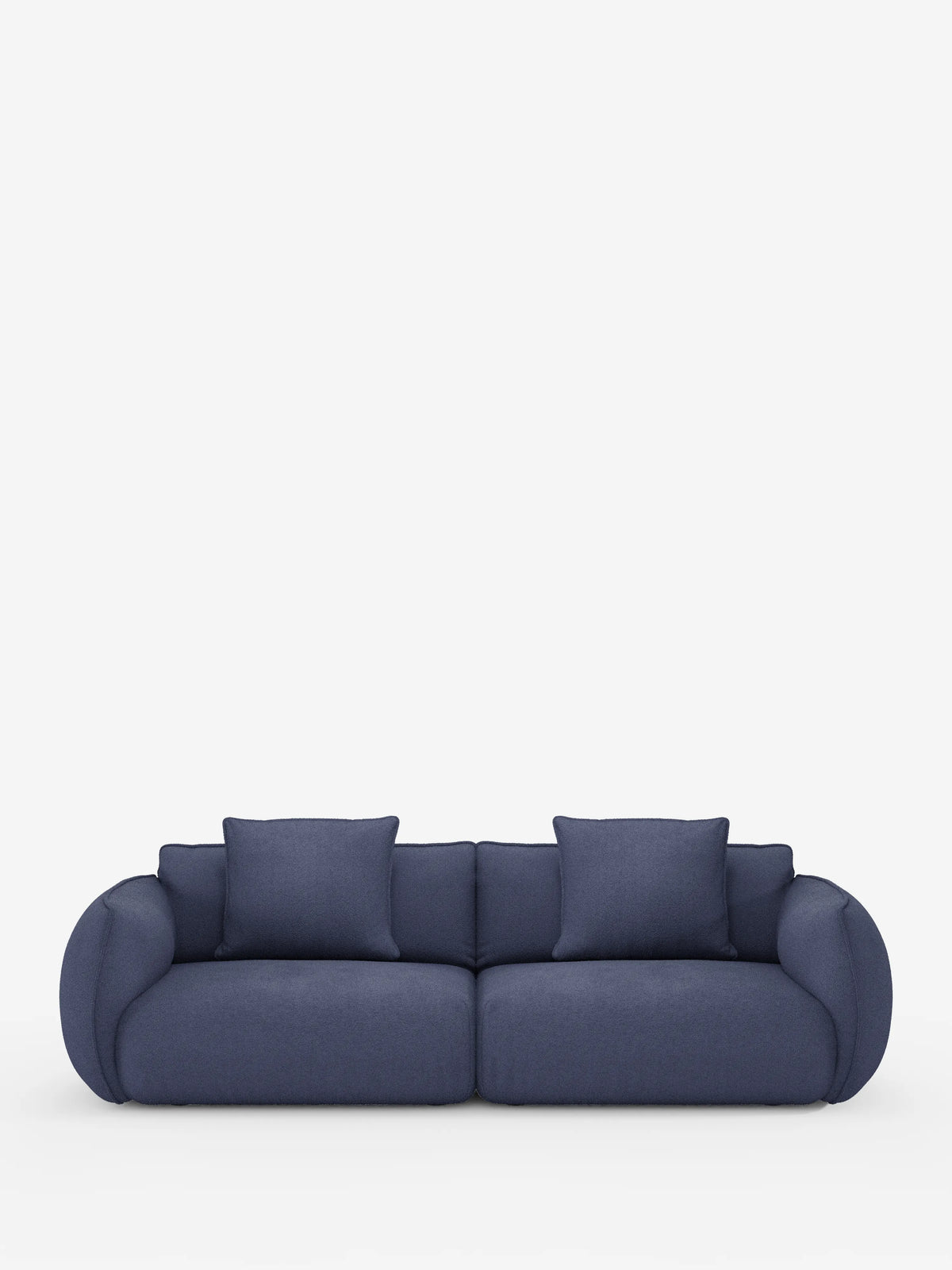 Il divano modulare e componibile Nimbus a 3 posti di Divani.Store è un moderno divano in tessuto blu intenso con braccioli e schienale arrotondati, dotato di due cuscini di seduta e tre cuscini quadrati coordinati per lo schienale. Su uno sfondo bianco a tinta unita, questo divano modulare e facilmente configurabile da 250 cm — con rivestimento T33 effetto cotone, sfoderabile e resistente alle macchie — offre opzioni di configurazione versatili per adattarsi a qualsiasi ambiente.