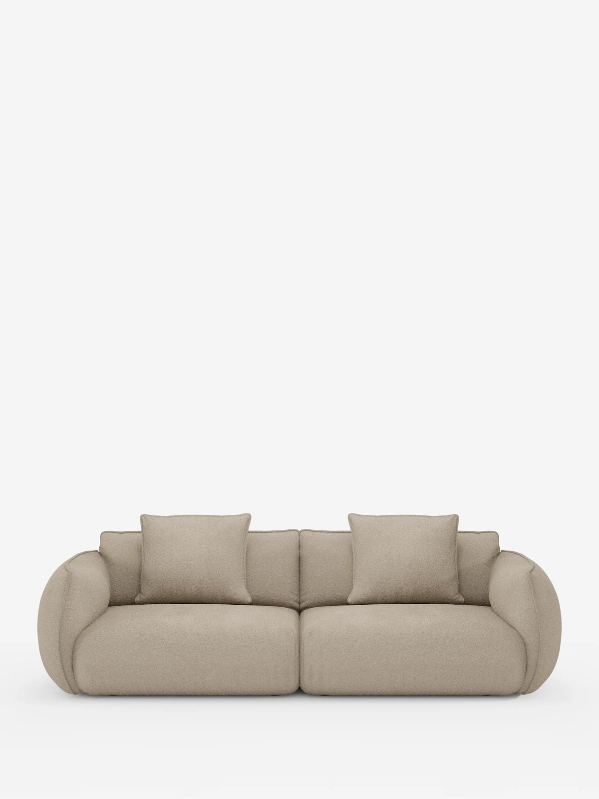 Un divano a 3 posti modulare e componibile Nimbus in stile contemporaneo, color beige, firmato Divani.Store, rivestito in tessuto T33 effetto cotone, facile da pulire. Questo divano modulare da 250 cm presenta braccioli e schienale arrotondati e imbottiti, due ampi cuscini di seduta e due cuscini quadrati coordinati. Il design è presentato su uno sfondo bianco a tinta unita per un look accogliente ed elegante.