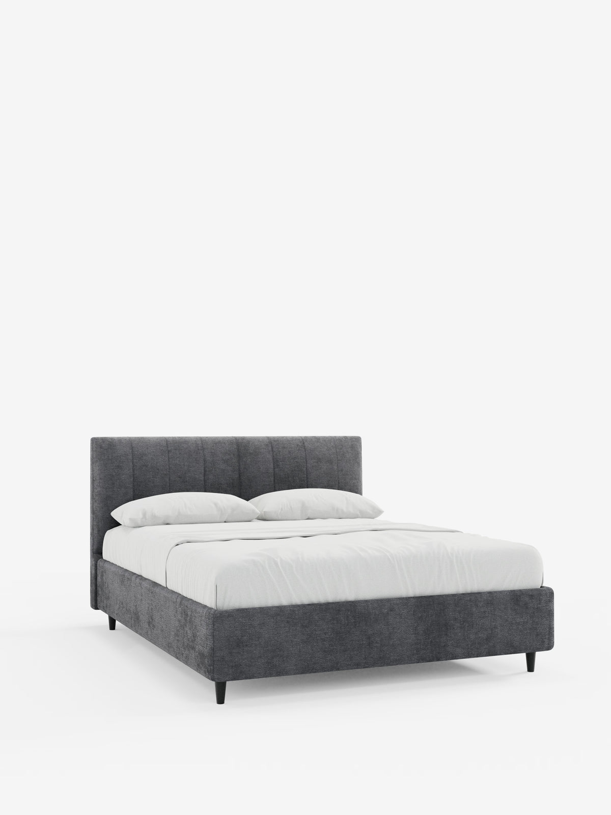 Scopri il letto imbottito ONYX con contenitore e testiera verticale in tessuto certificato Oeko-Tex® di Letti.store: un letto moderno e dal profilo basso, caratterizzato da una struttura imbottita grigio scuro e da una testiera verticale imbottita. La testiera imbottita offre comfort ed eleganza, impreziosita da biancheria da letto candida e due cuscini bianchi. Sullo sfondo bianco, le linee pulite e il design minimalista del letto risaltano magnificamente.