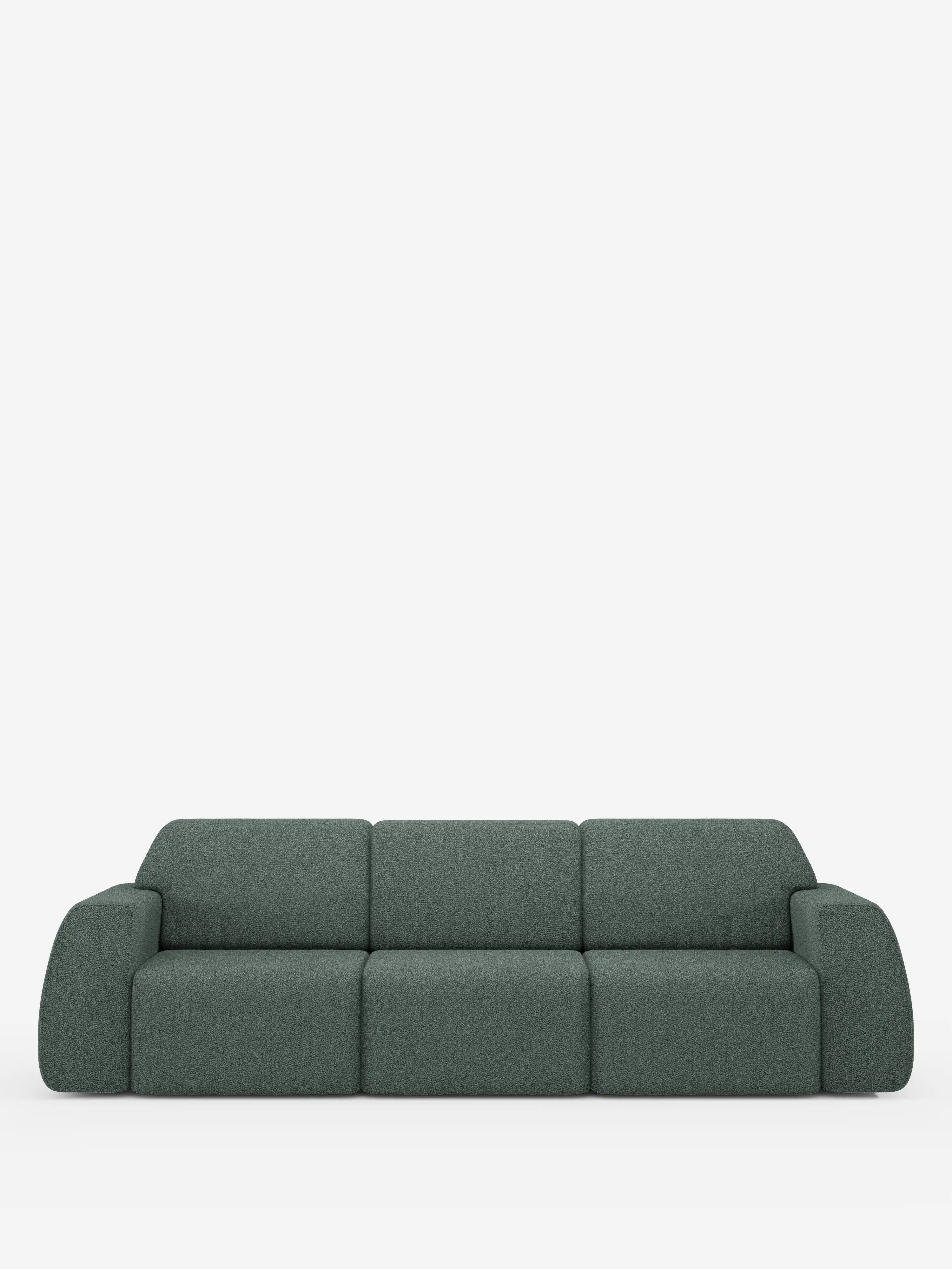 Un divano Orbit contemporaneo di colore verde scuro di Divani.Store, dotato di tre sedute scorrevoli ed estensibili in modo indipendente, rivestite in tessuto T33 effetto cotone resistente alle macchie. Con braccioli ampi e bassi e una silhouette minimalista, questo elegante divano a 4 posti offre un comfort personalizzato per ogni ospite. Su uno sfondo bianco a tinta unita, lo stile semplice ma sofisticato del divano risalta magnificamente.