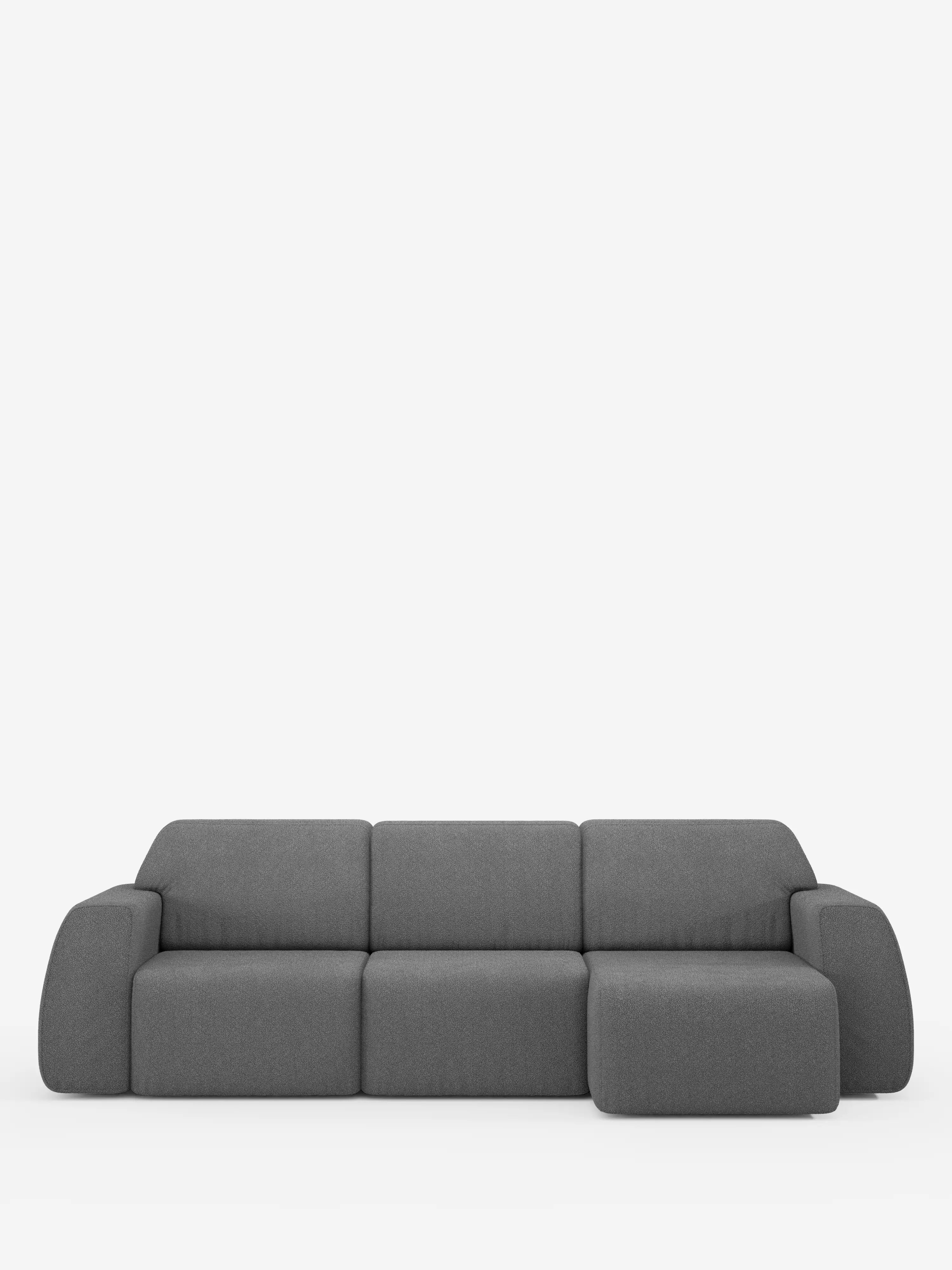 Un moderno divano angolare Orbit di colore grigio scuro, disponibile su Divani.Store, caratterizzato da una chaise longue reversibile e da sedute allungabili rivestite in tessuto T33 effetto cotone antimacchia, si staglia su uno sfondo bianco a tinta unita. Con ampi braccioli e morbidi cuscini, il design minimalista e contemporaneo riflette l’eleganza di un divano di alta gamma.