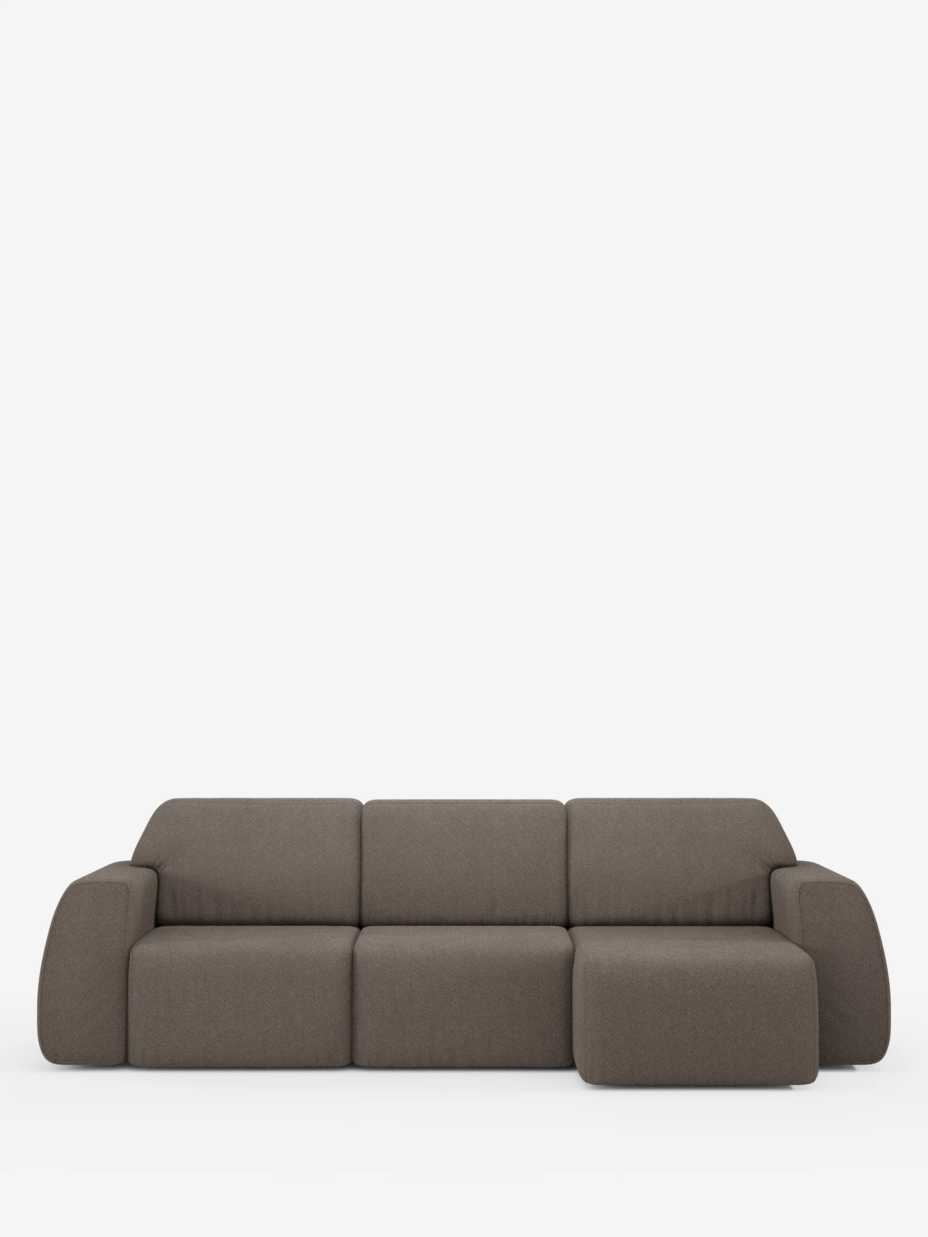 Il divano angolare Orbit con penisola reversibile e tutte le sedute allungabili in tessuto smacchiabile effetto cotone T33 di Divani.Store è un moderno divano componibile marrone dotato di una chaise longue orientata a destra. Presentato su uno sfondo bianco a tinta unita, questo divano con penisola reversibile offre morbidi cuscini rettangolari per lo schienale e la seduta, abbinati a braccioli arrotondati, che coniugano con naturalezza comfort e stile contemporaneo.