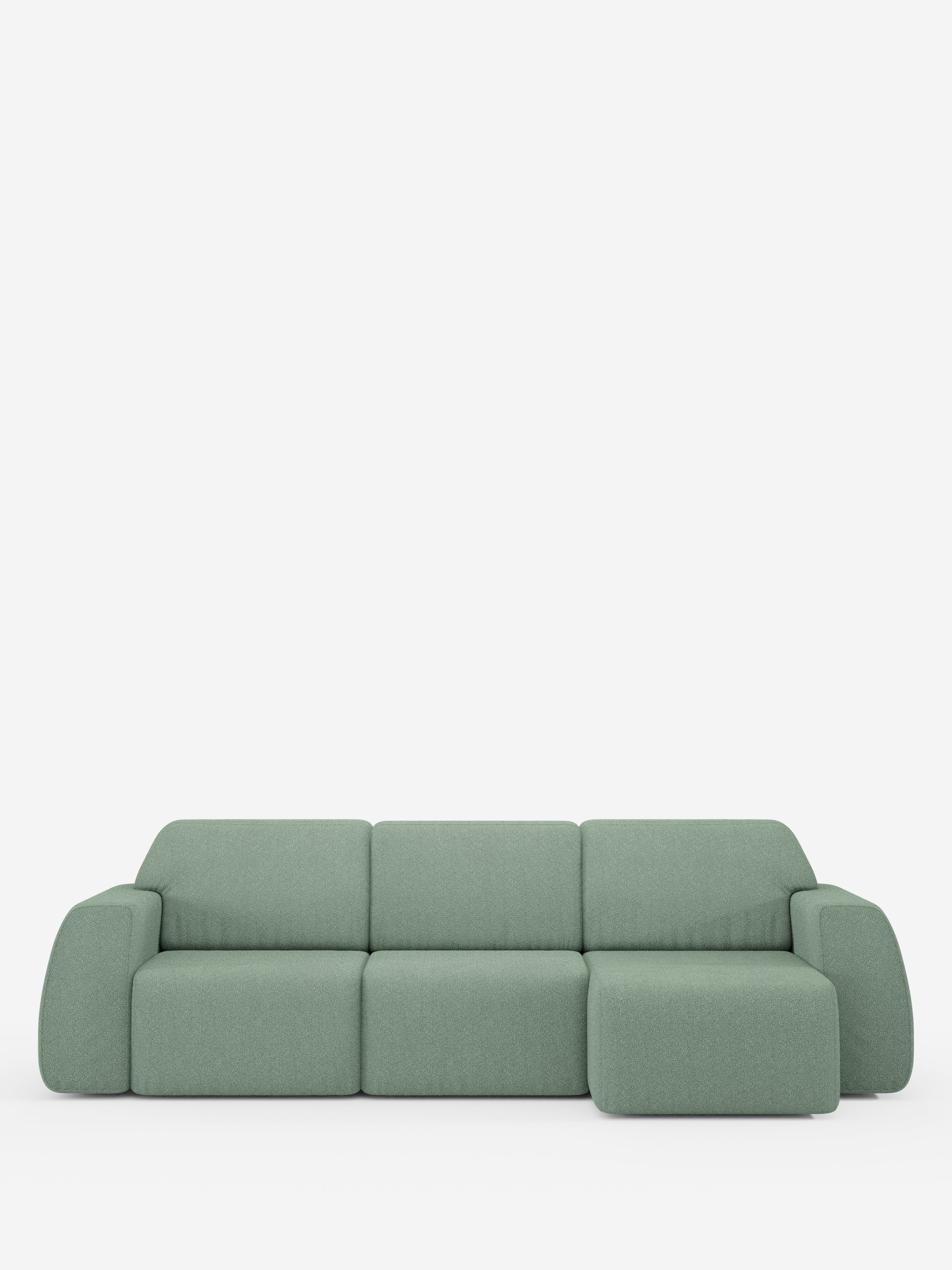 Vi presentiamo Orbit Divano angolare con penisola reversibile e tutte le sedute allungabili in tessuto smacchiabile effetto cotone T33 di Divani.Store: un divano modulare moderno e minimalista in verde chiaro con tre posti principali e una chaise longue reversibile, caratterizzato da morbidi cuscini, braccioli arrotondati e un rivestimento in tessuto liscio effetto cotone antimacchia, su uno sfondo bianco a tinta unita.