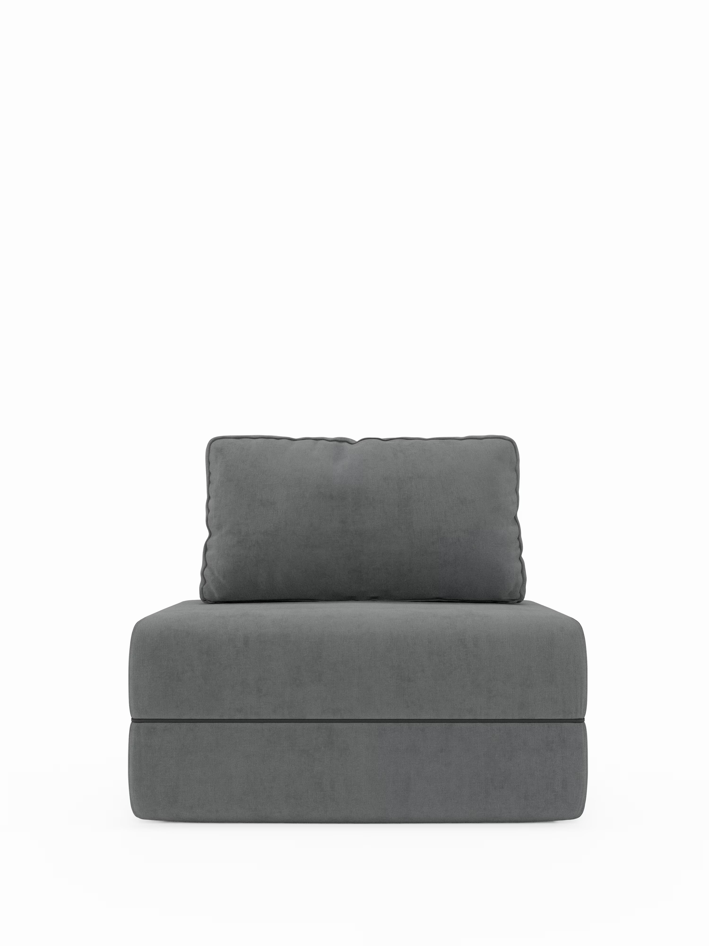 La poltrona letto Rift di Divani.Store è una poltrona moderna senza braccioli, realizzata in tessuto T31 smacchiabile grigio scuro, qui raffigurata su sfondo bianco. Progettata con un materasso in memory foam dello spessore di 24 cm e dotata di un ampio cuscino rettangolare con schienale mobile, offre uno stile minimalista e un comfort eccezionale. Questa poltrona salvaspazio è un complemento d’arredo ideale per gli interni contemporanei, dove la praticità si coniuga con un design sofisticato.