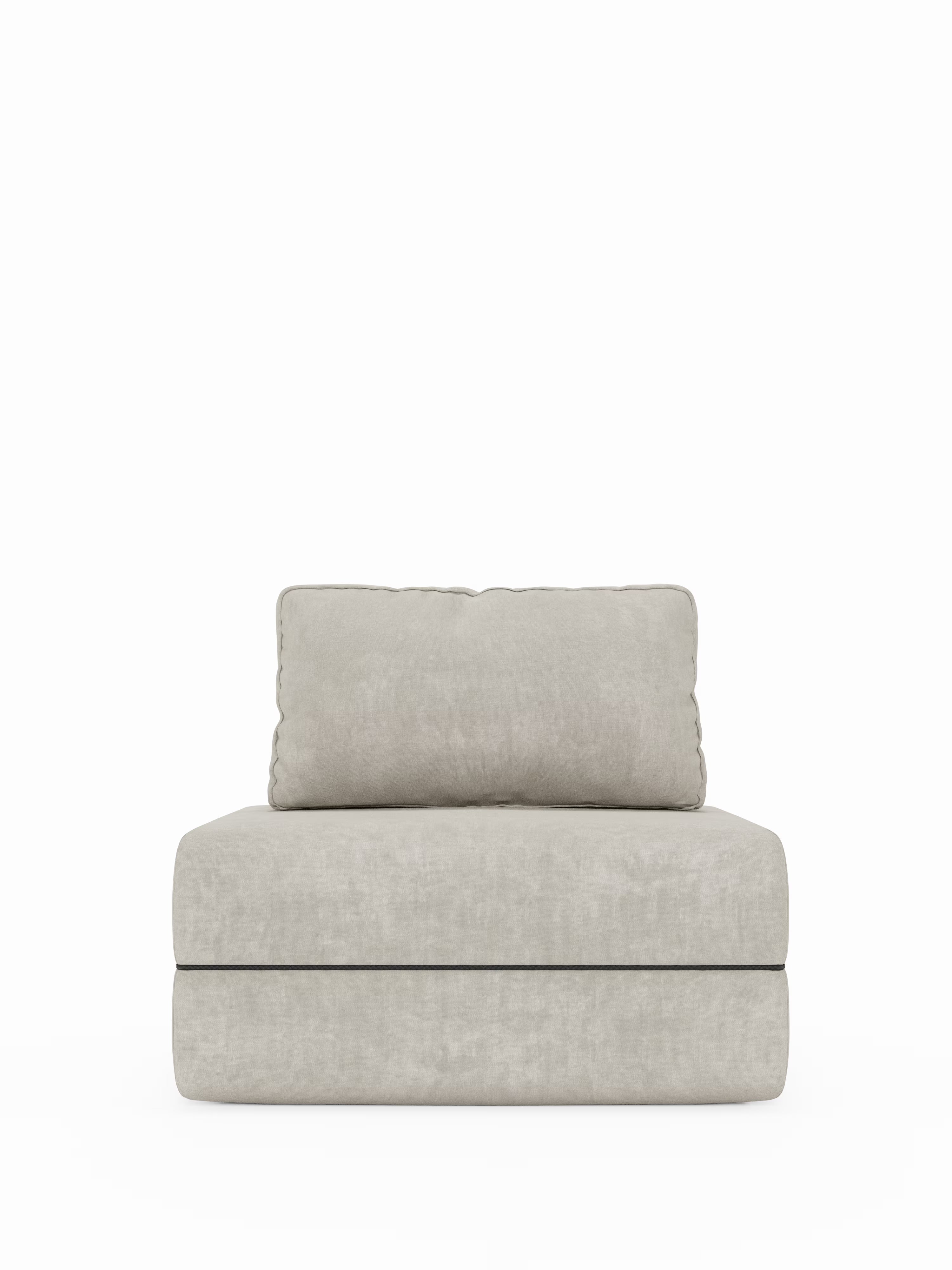 Una poltrona letto Rift color beige chiaro di Divani.Store, caratterizzata da un design minimalista senza braccioli, con un morbido cuscino rettangolare dello schienale e una seduta spessa e soffice, il tutto su uno sfondo bianco a tinta unita. Questa moderna soluzione salvaspazio è dotata di schienale mobile ed è rivestita in tessuto smacchiabile T31, con un materasso in memory foam alto 24 cm che garantisce un comfort eccezionale: perfetta per qualsiasi ambiente contemporaneo.