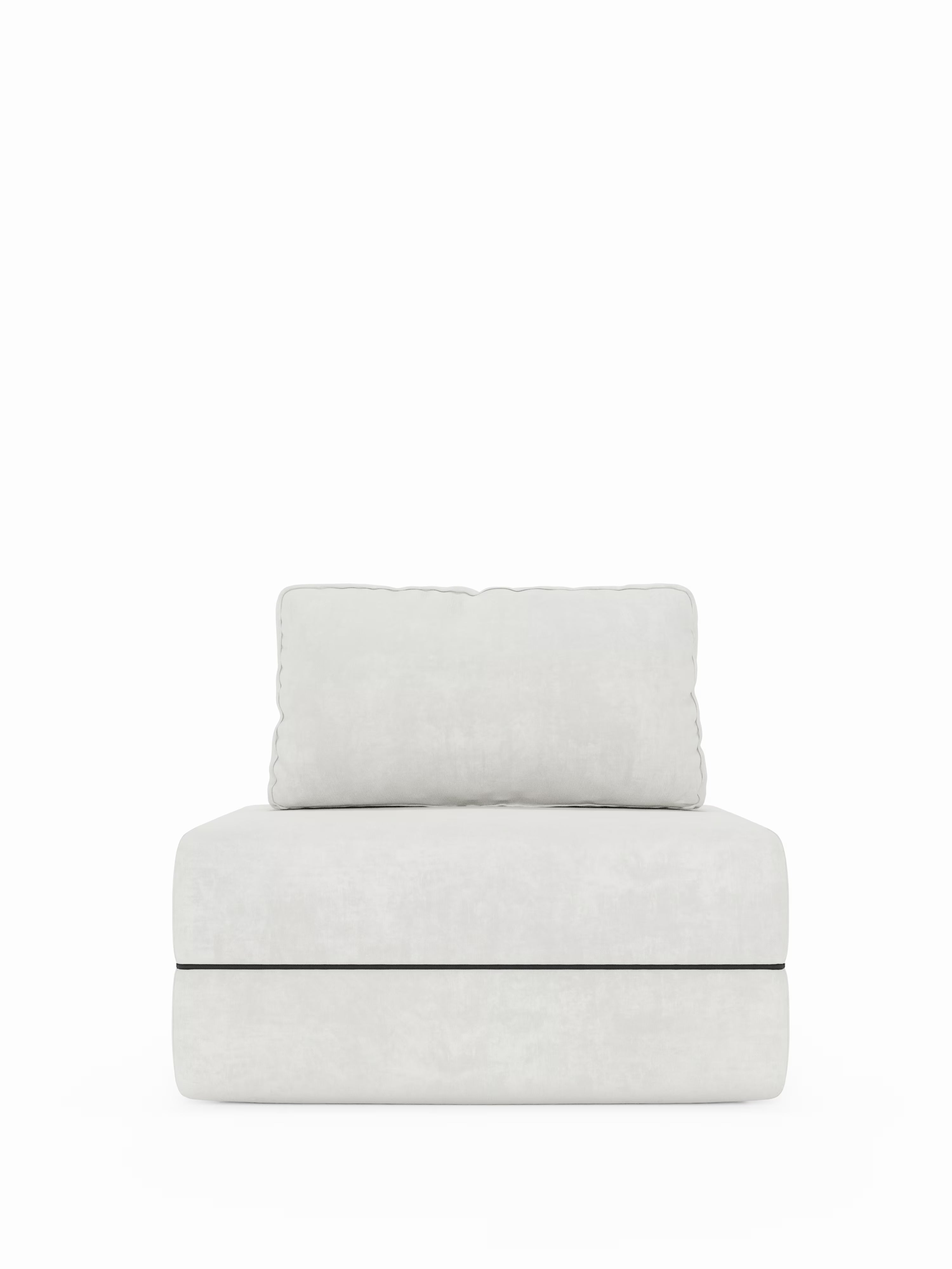 La poltrona letto Rift di Divani.Store è una poltrona moderna senza braccioli, caratterizzata da un morbido cuscino rettangolare dello schienale e da una seduta rivestiti in tessuto T31 grigio chiaro e resistente alle macchie. Il suo design pulito si distingue per i bordi arrotondati, le cuciture discrete e una leggera fessura alla base. La poltrona è dotata di un materasso in memory foam alto 22 cm e di uno schienale mobile, il tutto presentato su uno sfondo bianco a tinta unita.