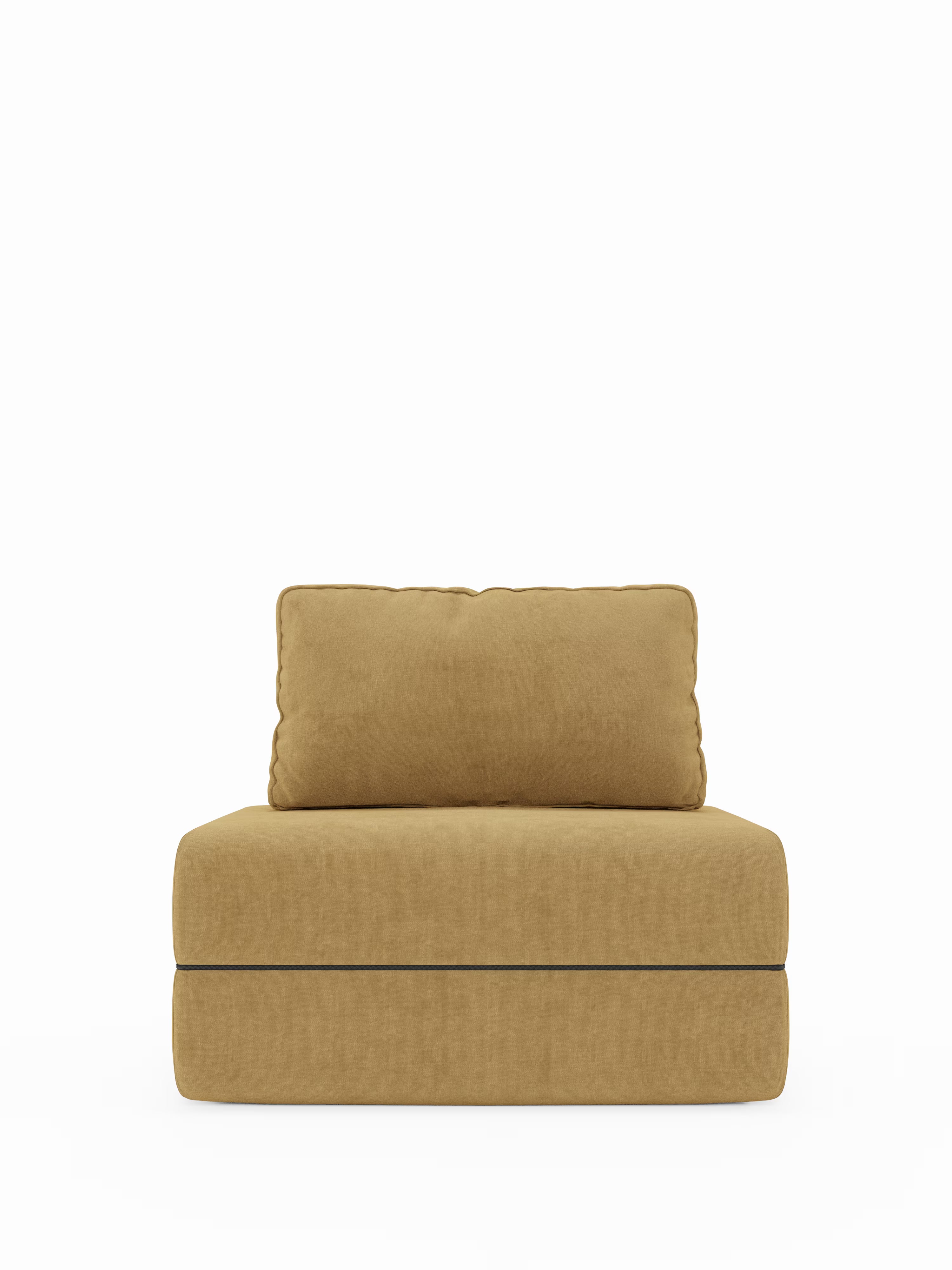 Una poltrona contemporanea senza braccioli — la Rift poltrona letto di Divani.Store — presenta una morbida seduta imbottita color giallo senape e uno schienale rettangolare in tinta. Con la sua silhouette minimalista e squadrata, ammorbidita dai bordi arrotondati, la poltrona vanta un materasso in memory foam alto 22 cm, uno schienale regolabile e un rivestimento in tessuto T31 facile da pulire. Presentata su uno sfondo bianco a tinta unita.