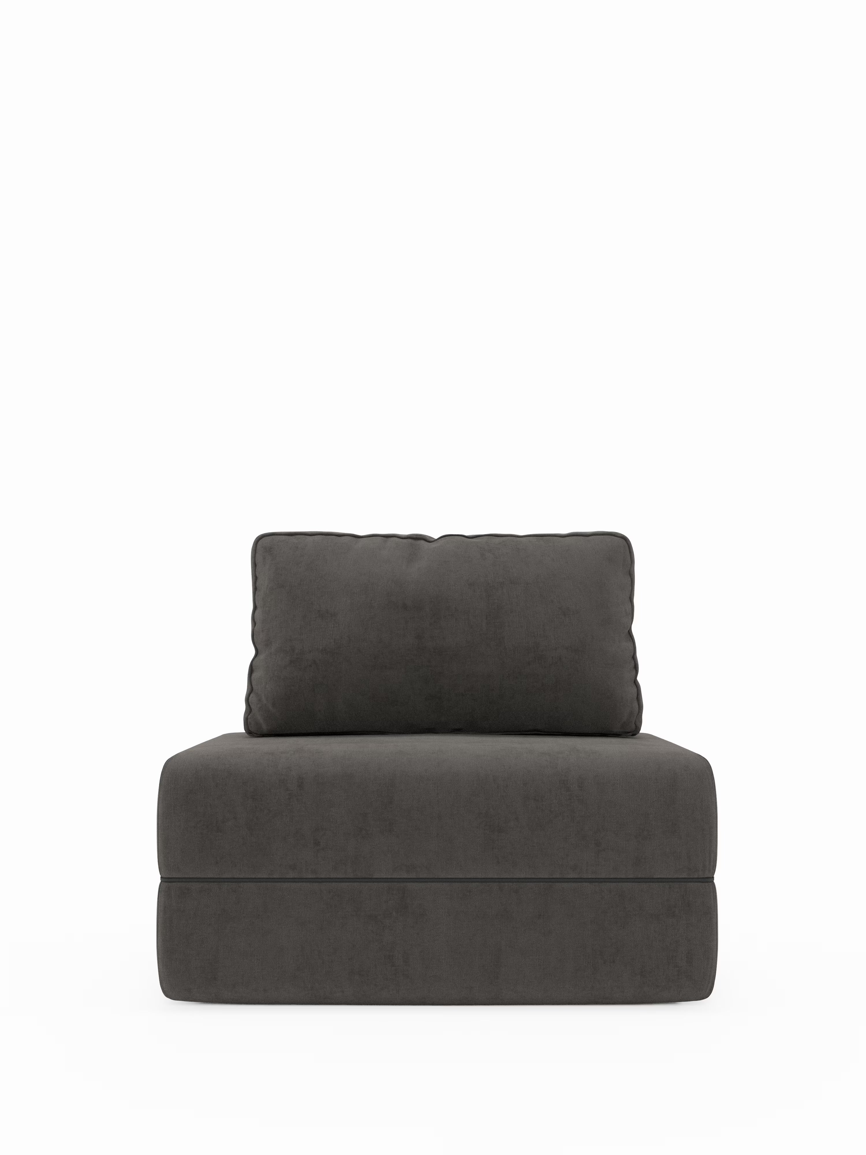 Vista frontale della poltrona letto Rift di Divani.Store, caratterizzata da una silhouette moderna senza braccioli, con cuscino in tessuto T31 grigio scuro smacchiabile e cuscino dello schienale in tinta. Su uno sfondo bianco a tinta unita, questa poltrona letto offre un comfort avvolgente con linee pulite e un design minimalista e contemporaneo: non solo elegante, ma anche versatile, grazie allo schienale mobile e al materasso in memory foam alto 22 cm.
