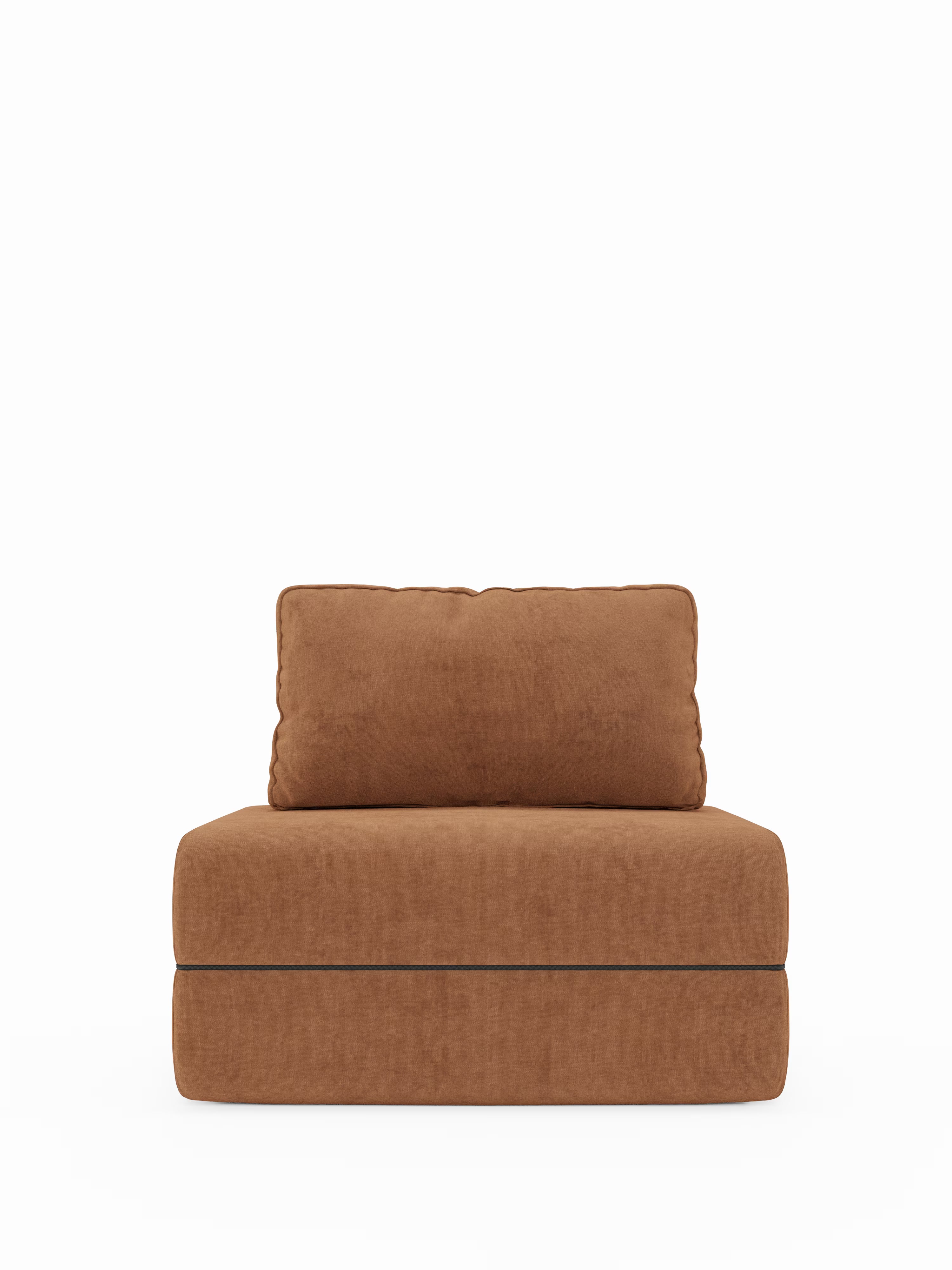 Una poltrona letto Rift marrone di Divani.Store, caratterizzata da un morbido cuscino di seduta rettangolare e da un cuscino dello schienale abbinato. È dotata di un materasso in memory foam alto 22 cm, di uno schienale reclinabile ed è rivestita in morbido tessuto T31 resistente alle macchie. La poltrona è raffigurata su uno sfondo bianco a tinta unita, che ne esalta il design semplice e moderno.