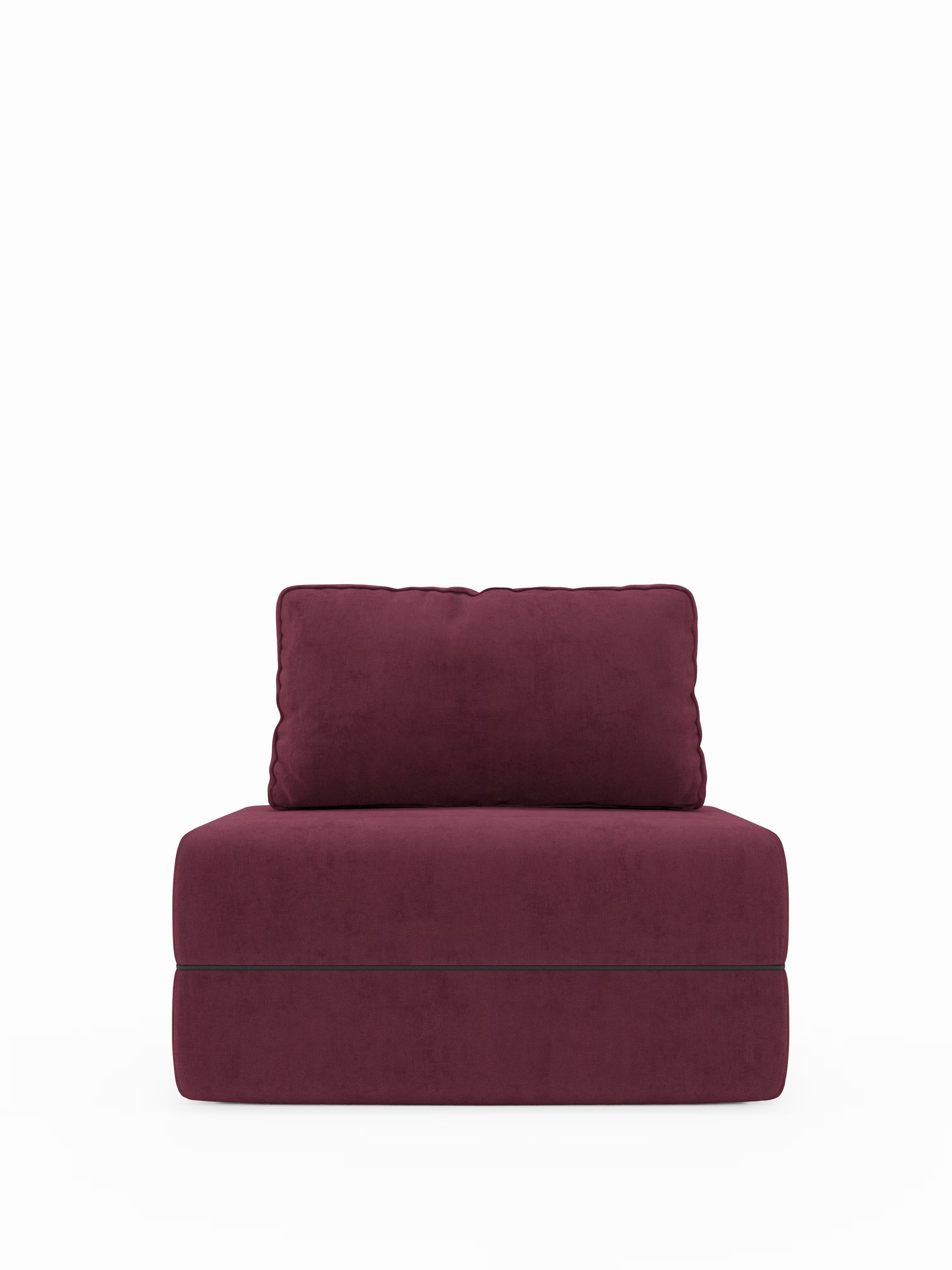 Una poltrona senza braccioli dal design contemporaneo — la Rift, poltrona letto con materasso alto 22 cm e memory foam di Divani.Store — è rivestita in tessuto T31 color prugna scuro, resistente alle macchie, con seduta generosamente imbottita e schienale mobile. Su uno sfondo bianco a tinta unita, la sua struttura morbida e la forma slanciata e minimalista ne fanno un’elegante poltrona letto che si integra perfettamente negli interni moderni.