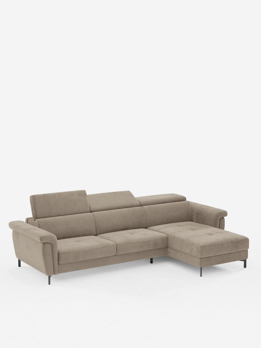 Capri Divano letto angolare con penisola contenitore e poggiatesta reclinabili - elegante tessuto smacchiabile T30