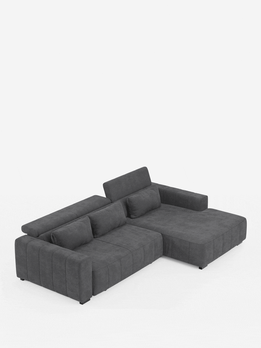 Doric Divano angolare con penisola e sedute allungabili con relax elettrico - poggiatesta reclinabili in tessuto smacchiabile T23