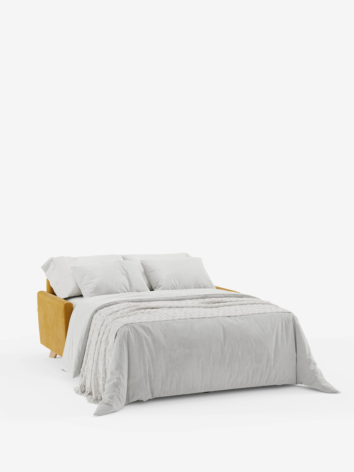 Il divano letto Francy con poggiatesta regolabili di Divani.Store, rivestito in elegante tessuto T30 resistente alle macchie nei toni del giallo senape e dotato di fodere completamente sfoderabili, è raffigurato nella versione aperta. È abbinato a biancheria da letto grigio chiaro, due cuscini coordinati e una coperta, il tutto su uno sfondo bianco a tinta unita per un look moderno e minimalista.