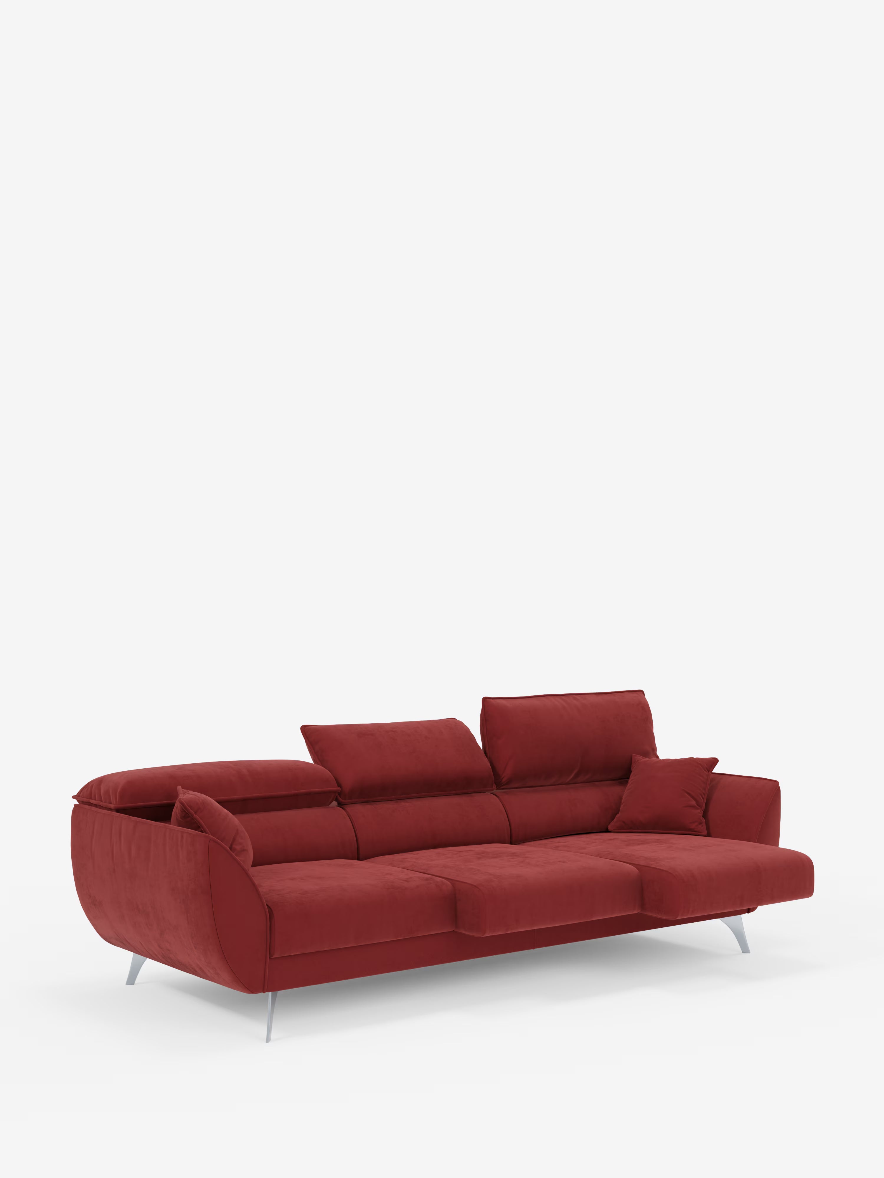 Vi presentiamo il divano Michelangelo 4 Posti di Divani.Store: un divano contemporaneo di colore rosso intenso, dotato di tre sedute estensibili, poggiatesta reclinabili, sottili gambe argentate e un cuscino coordinato. Rivestito con un elegante tessuto in velluto T30 resistente alle macchie, questo divano risalta magnificamente su uno sfondo bianco.