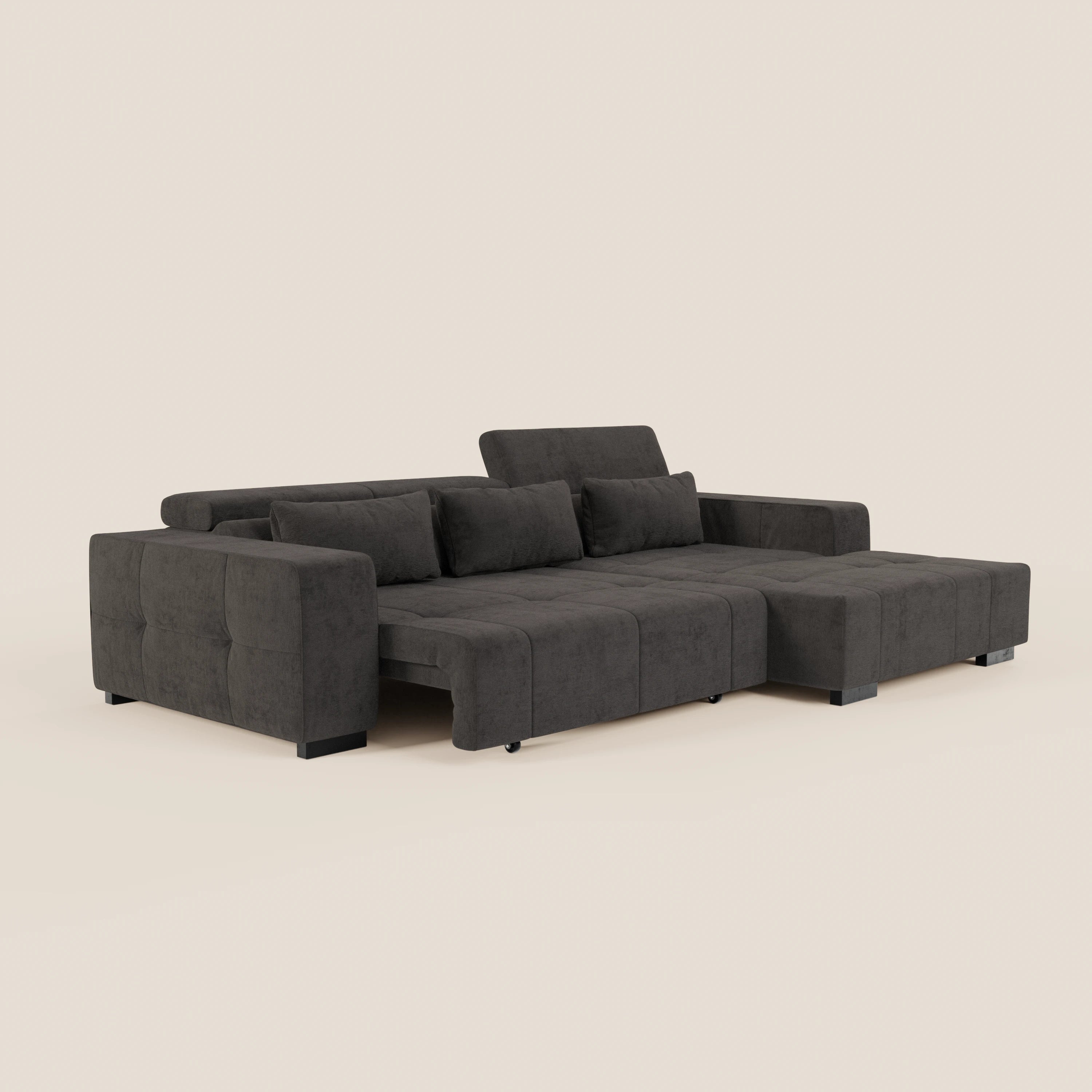 Il Monarch Divano angolare con penisola di Divani.Store è caratterizzato da poggiatesta reclinabili, Relax Elettrico per allungamento sedute, morbido tessuto T31 lavabile, ampi cuscini e chaise longue destra che combinano il comfort moderno con lo stile contemporaneo.