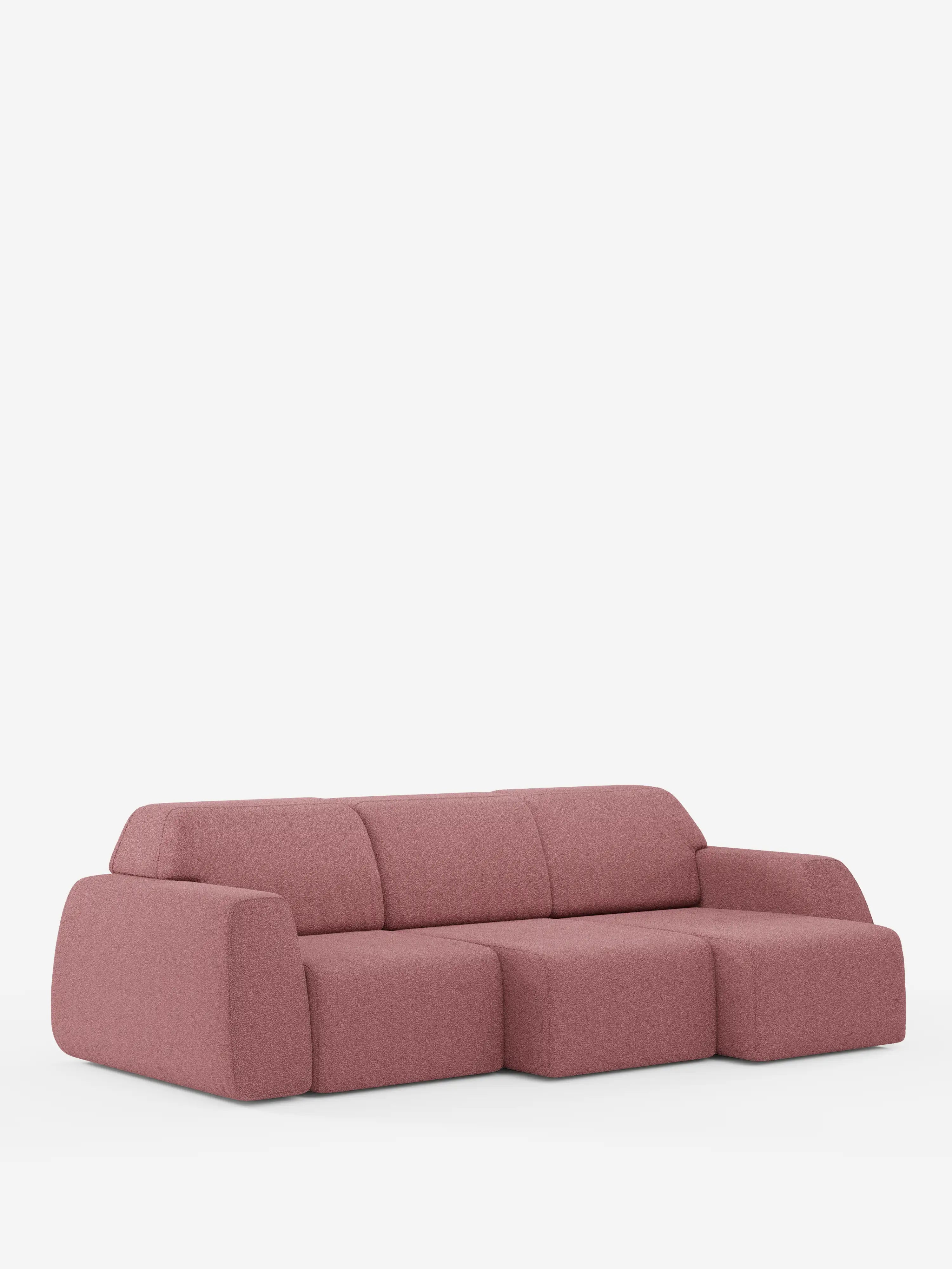 Vi presentiamo il divano Orbit con 3 sedute scorrevoli e allungabili in tessuto effetto cotone smacchiabile T33 di Divani.Store: un divano modulare rosa moderno e minimalista a 4 posti, con bordi arrotondati e tre cuscini dello schienale. Questo divano componibile è dotato di una chaise longue allungabile, sedute regolabili individualmente (sedute scorrevoli indipendenti) per un comfort personalizzato e rivestimenti sfoderabili e versatili. Qui raffigurato su uno sfondo bianco a tinta unita.