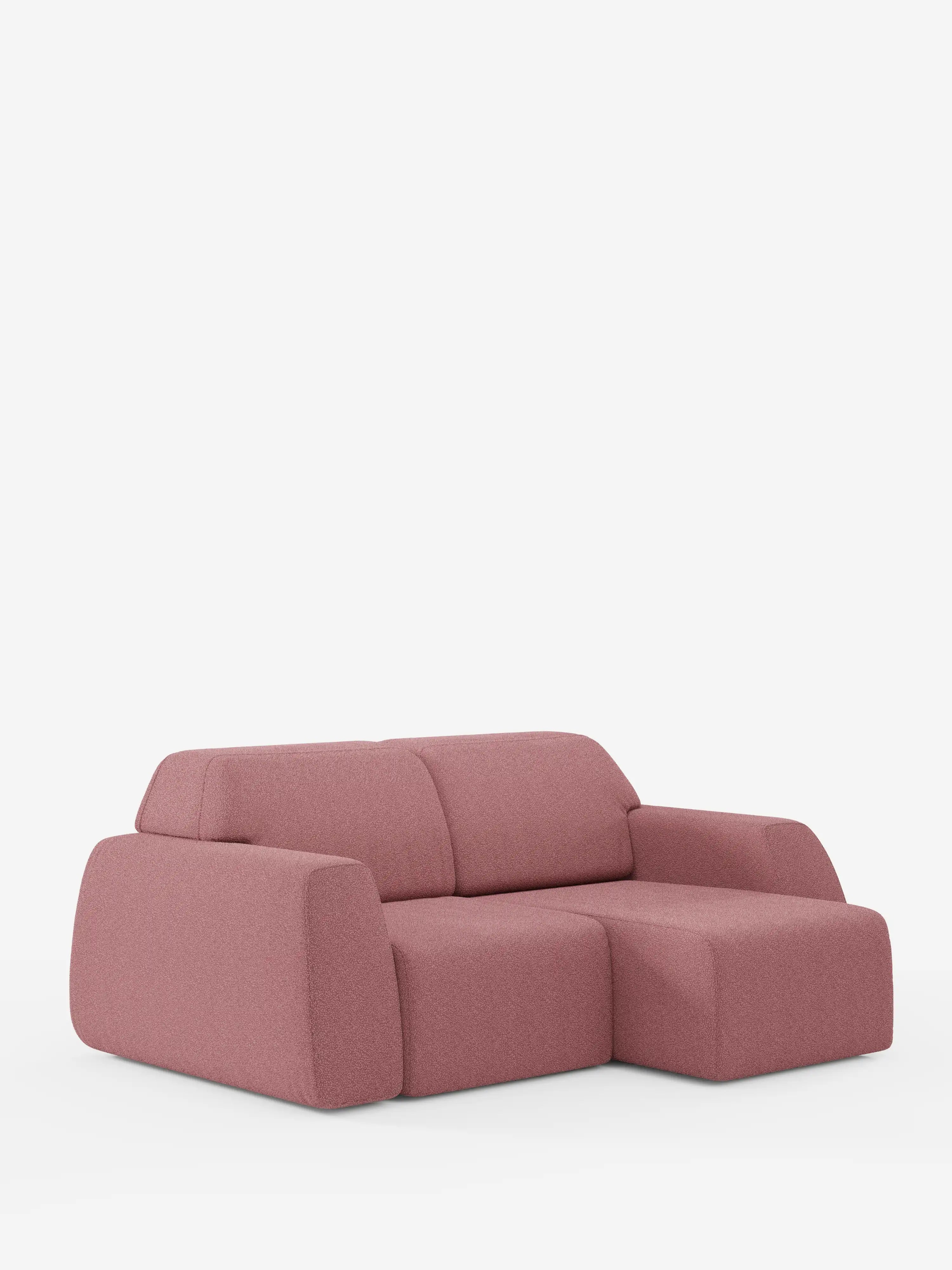 Il divano Orbit a 2 e 3 posti con sedute scorrevoli di Divani.Store è un divano componibile moderno e minimalista, interamente rivestito in tessuto T33 effetto cotone, facile da pulire, in una tonalità di rosa tenue. È caratterizzato da ampi braccioli arrotondati, imbottitura morbida e una chaise longue sul lato destro con elementi di design contemporaneo, il tutto su uno sfondo bianco a tinta unita.