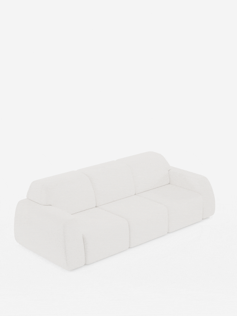 Un moderno divano bianco, il modello Orbit con 3 sedute scorrevoli e allungabili in tessuto effetto cotone smacchiabile T33 di Divani.Store, si trasforma facilmente in un letto. Ciascuna delle tre sedute scorre e si allunga in modo indipendente per un comfort personalizzabile. Lo schienale si ribalta, creando una superficie piana su cui dormire. Su uno sfondo bianco a tinta unita, questo elemento dal design minimalista si adatta perfettamente alle tue esigenze.