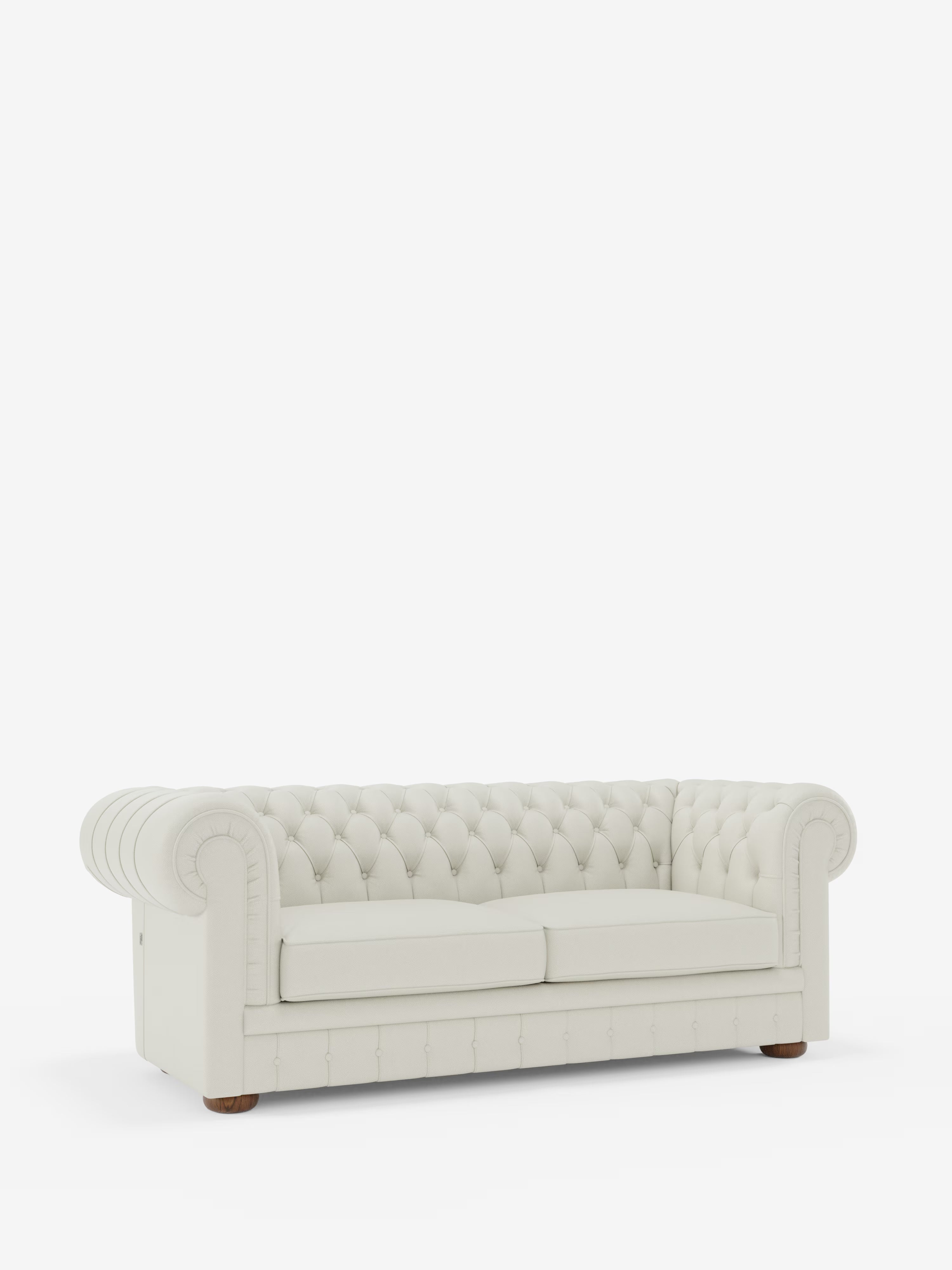 Vi presentiamo Chester di Divani.Store: un classico divano Chesterfield bianco, disponibile nelle versioni a 2 e 3 posti. Questo elegante divano artigianale Made in Italy si caratterizza per la profonda trapuntatura a bottoni, i bracci arrotondati e i due cuscini di seduta. Rivestito in lussuosa vera pelle spessorata e sostenuto da robuste gambe in legno, il Chester è esposto su uno sfondo bianco a tinta unita.