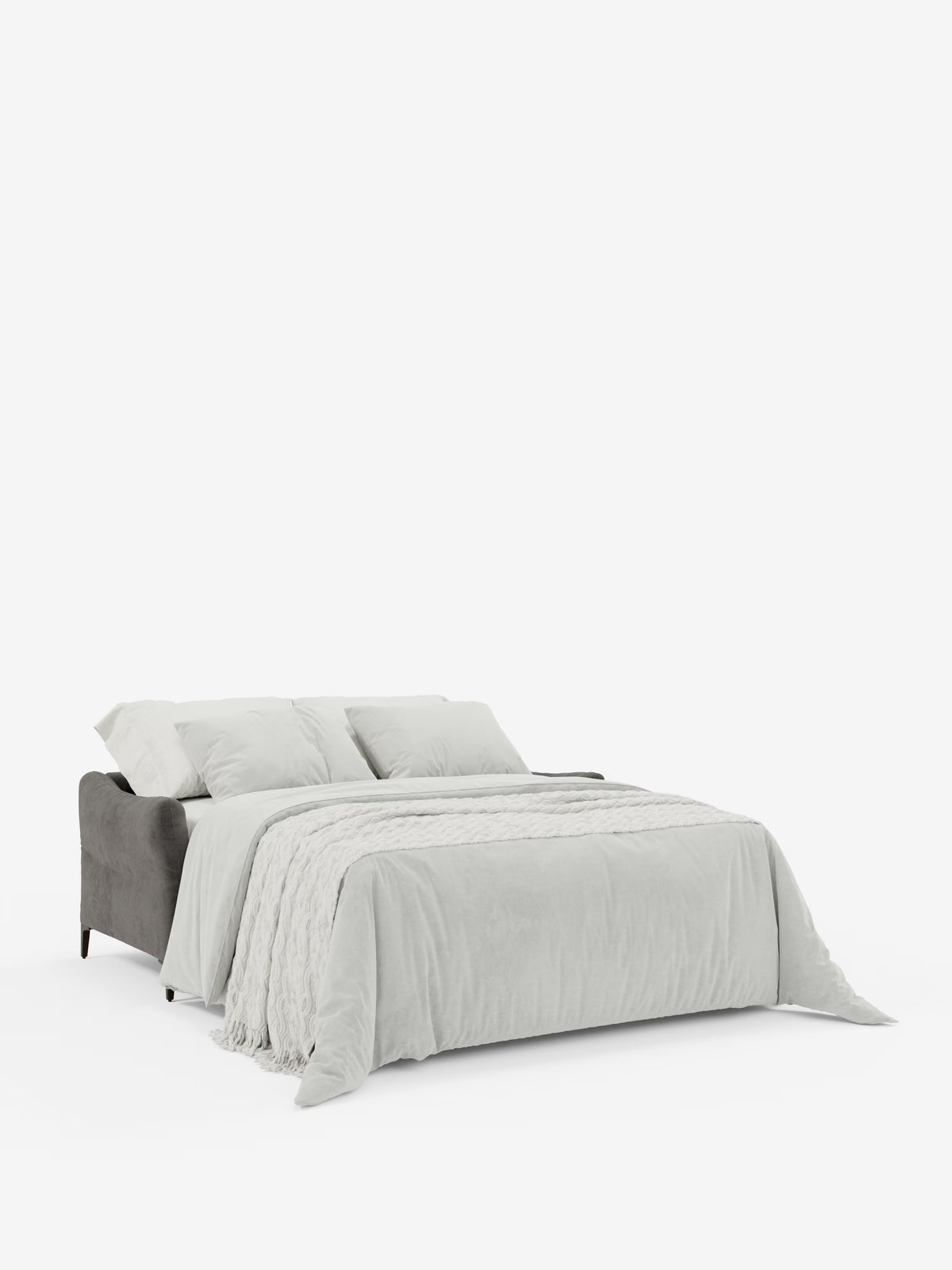 Il moderno divano letto Dalia di Divani.Store, disponibile nelle versioni a 2, 3 o 4 posti, presenta una testiera e una struttura rivestite in tessuto vellutato T30 grigio scuro, un tessuto contemporaneo resistente alle macchie. Il letto, rifatto con cura, è adornato da biancheria da letto grigio chiaro, due cuscini e una morbida coperta drappeggiata ai piedi — che mette in risalto un comodo materasso da H18 cm — il tutto su uno sfondo bianco a tinta unita.