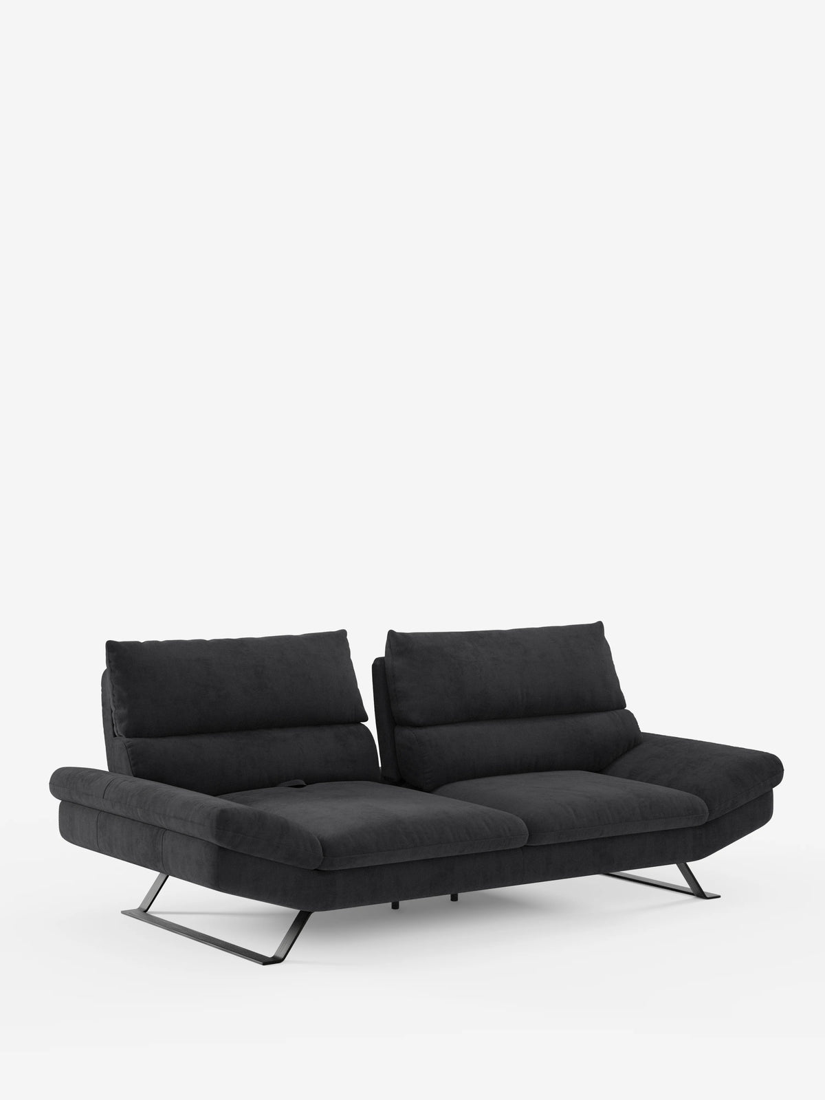 Un moderno divano Eclipse nero a 2 posti dal design contemporaneo di Divani.Store, caratterizzato da due ampie sedute imbottite, gambe in metallo inclinate (piedini alti) e schienali traslanti regolabili per un comfort personalizzabile, rivestito in elegante microfibra T11 resistente alle macchie e presentato su uno sfondo bianco a tinta unita.