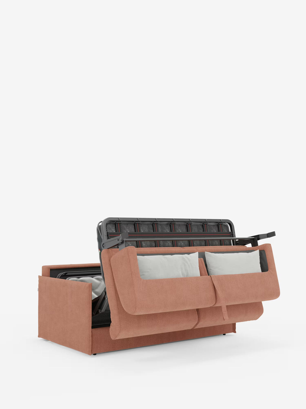 Il divano letto matrimoniale sfoderabile Evans di Divani.Store, presentato in tessuto T23 color ruggine e resistente alle macchie, è parzialmente aperto su uno sfondo bianco a tinta unita. Il suo design compatto mette in risalto la robusta struttura del letto in metallo nero e i cuscini grigio chiaro, mentre i braccioli e lo schienale abbassati rivelano il meccanismo di apertura nascosto e offrono un'ampia superficie di riposo per un comfort ancora maggiore.
