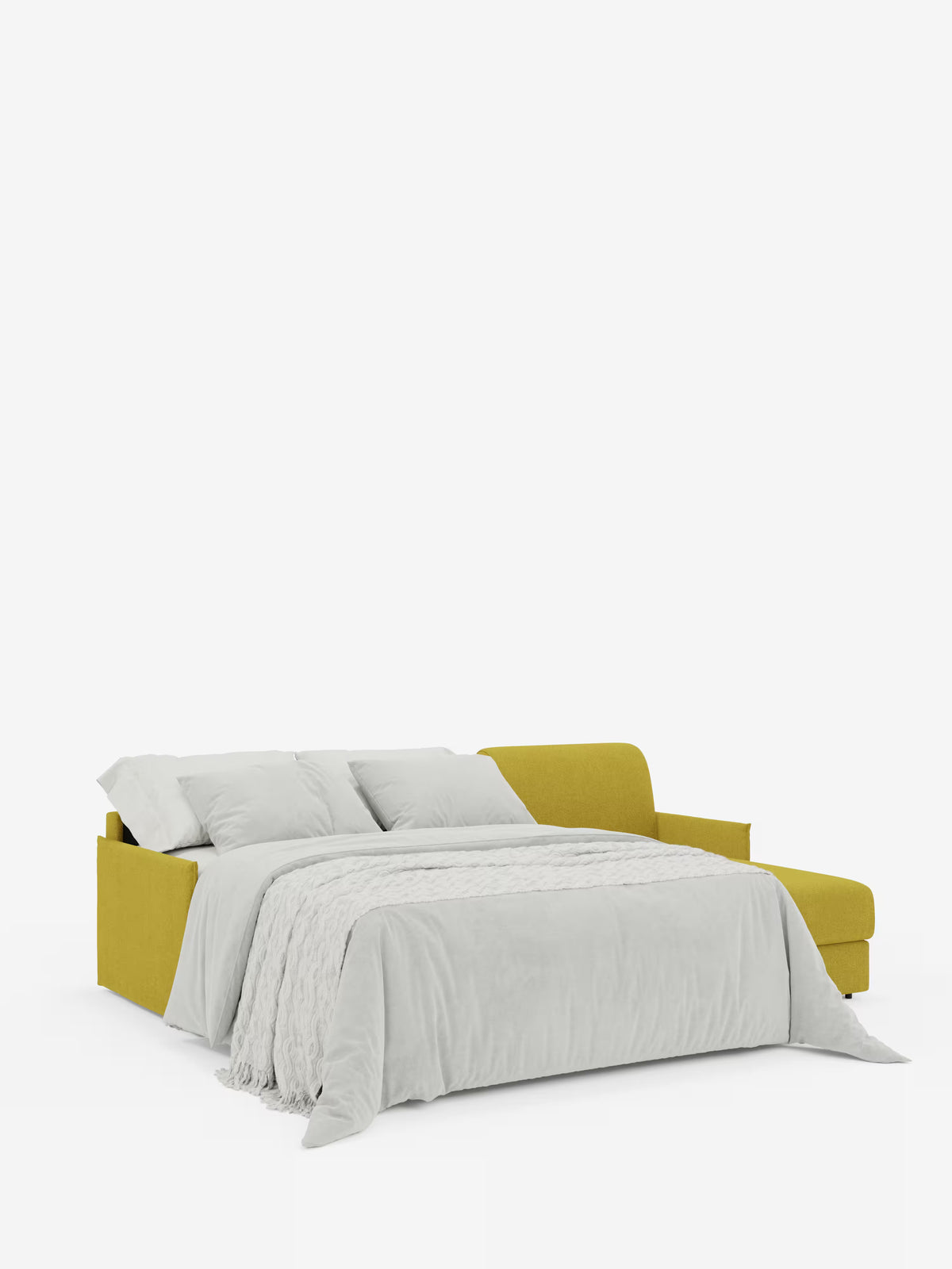 Il divano letto angolare con penisola contenitore Evans di Divani.Store, un moderno divano letto a L di colore giallo dal design compatto e rivestito in tessuto T23 resistente alle macchie, è raffigurato aperto come letto con biancheria da letto grigio chiaro — un piumone e due cuscini — su uno sfondo bianco a tinta unita.