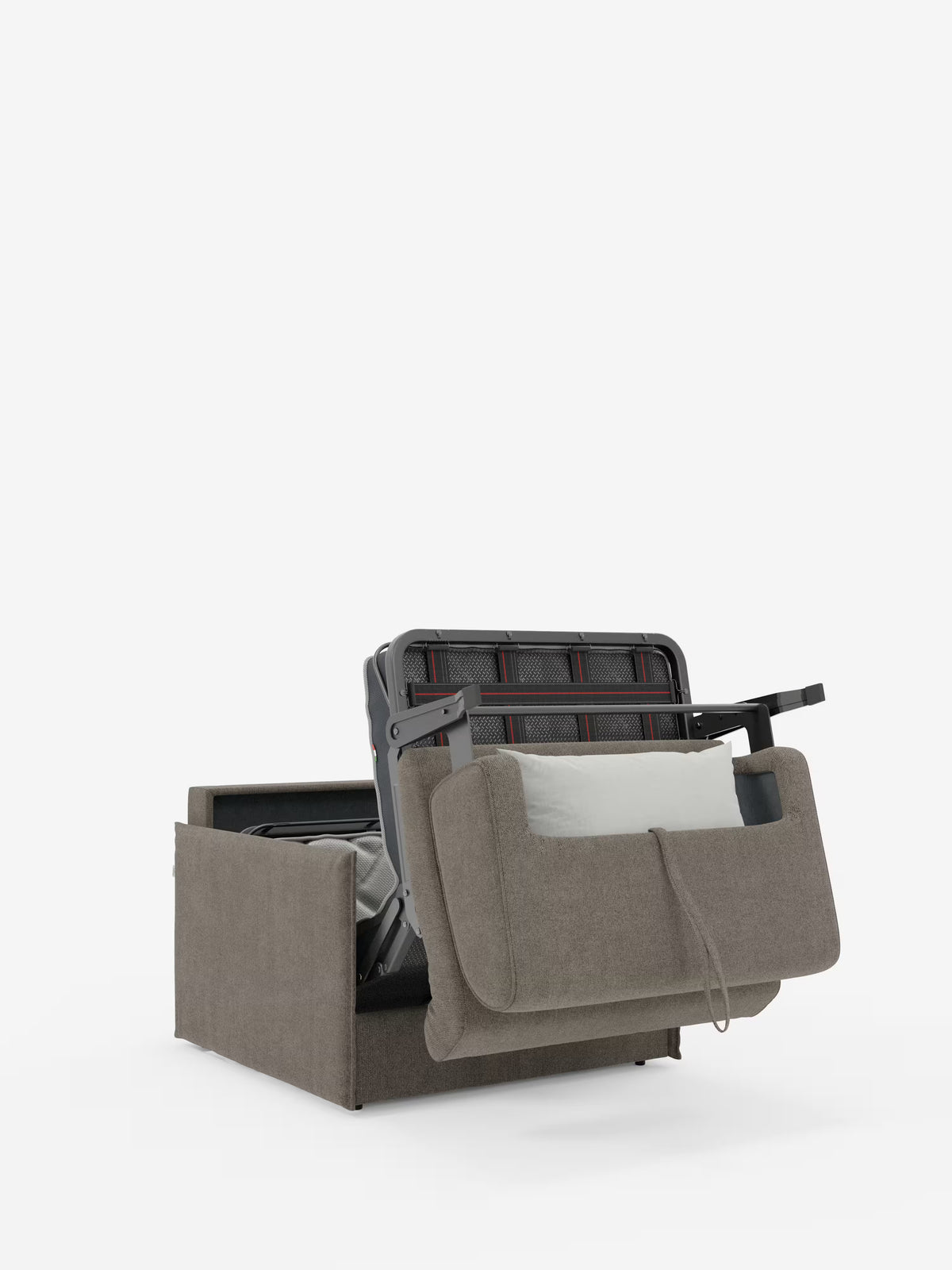 La poltrona letto compatta Evans con materasso di Divani.Store è parzialmente aperta, rivelando la sua robusta struttura in metallo e un materasso grigio chiaro riposto ordinatamente al suo interno. Rivestita in tessuto T23 sfoderabile e antimacchia, questa pratica poltrona letto singola spicca su uno sfondo bianco, mettendo in risalto sia il meccanismo di apertura facilitata sia un comodo vano porta-cuscino: una soluzione salvaspazio ideale per le case moderne.