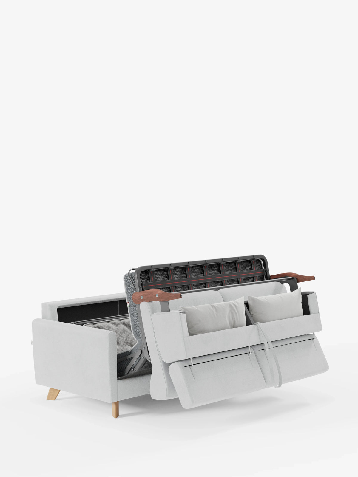 Il divano letto Francy con poggiatesta regolabili di Divani.Store, rivestito in elegante tessuto T30 antimacchia e dotato di rivestimento completamente sfoderabile, è qui presentato in grigio chiaro con gambe in legno e due cuscini. È parzialmente aperto per mostrare il meccanismo a scomparsa e la struttura del letto, mettendo in evidenza la sua funzionalità come divano letto su uno sfondo bianco semplice.