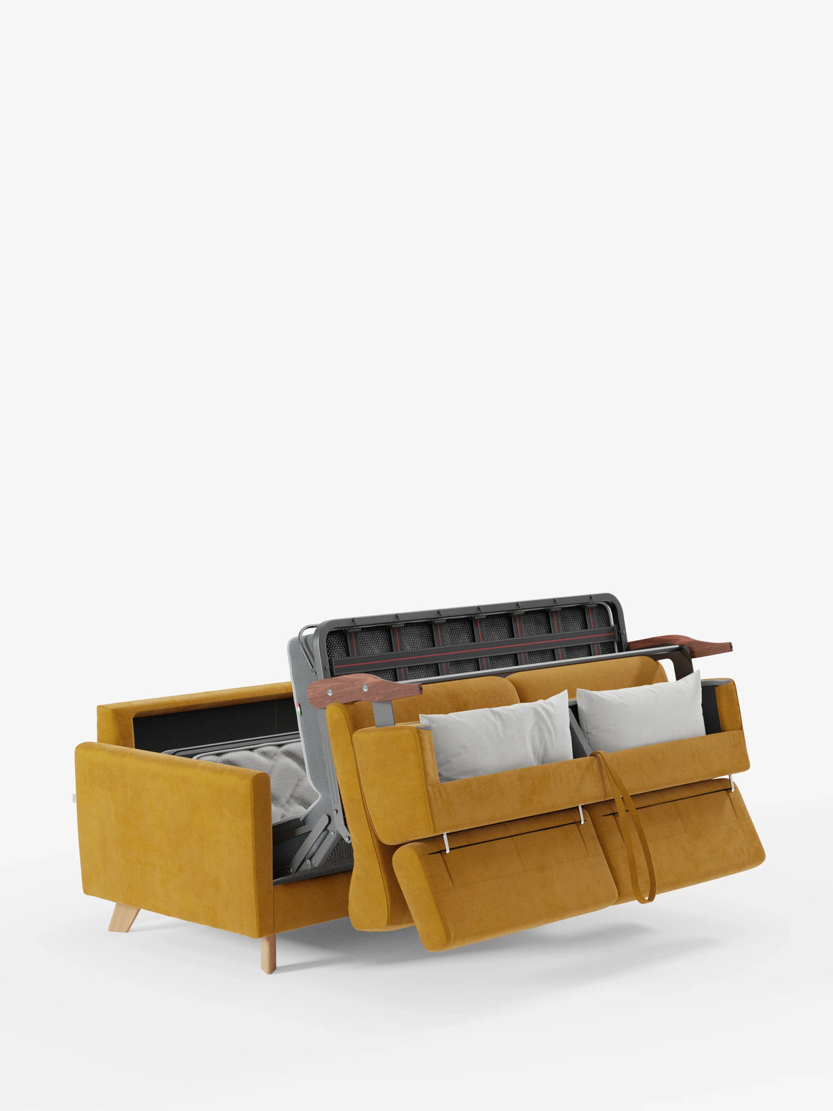 Un divano letto Francy color giallo senape con poggiatesta regolabili di Divani.Store, con rivestimento sfoderabile al 100% e realizzato in elegante tessuto T30 resistente alle macchie, è raffigurato parzialmente aperto per mostrare il suo meccanismo di letto estraibile. Caratterizzato da uno stile moderno, il divano presenta due cuscini chiari, mentre la struttura del letto e il materasso mettono in risalto la funzione trasformabile di questo versatile divano a 2 e 3 posti su uno sfondo bianco a tinta